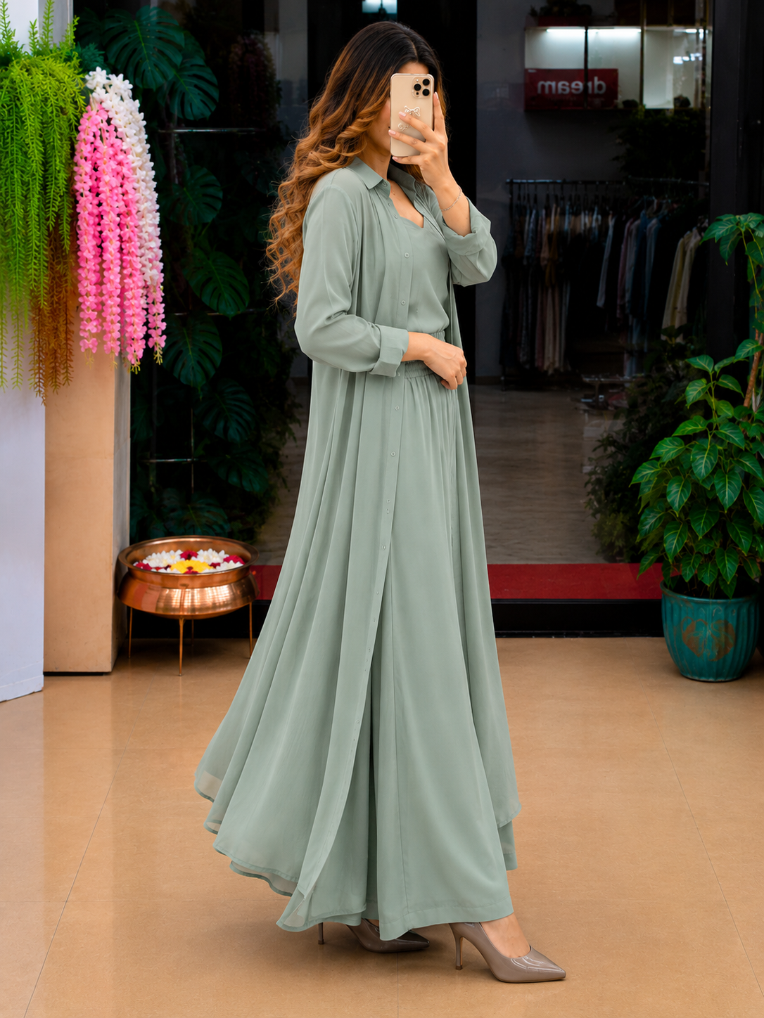 Grey Women's 3-Piece Co-Ord Set with Long Shrug