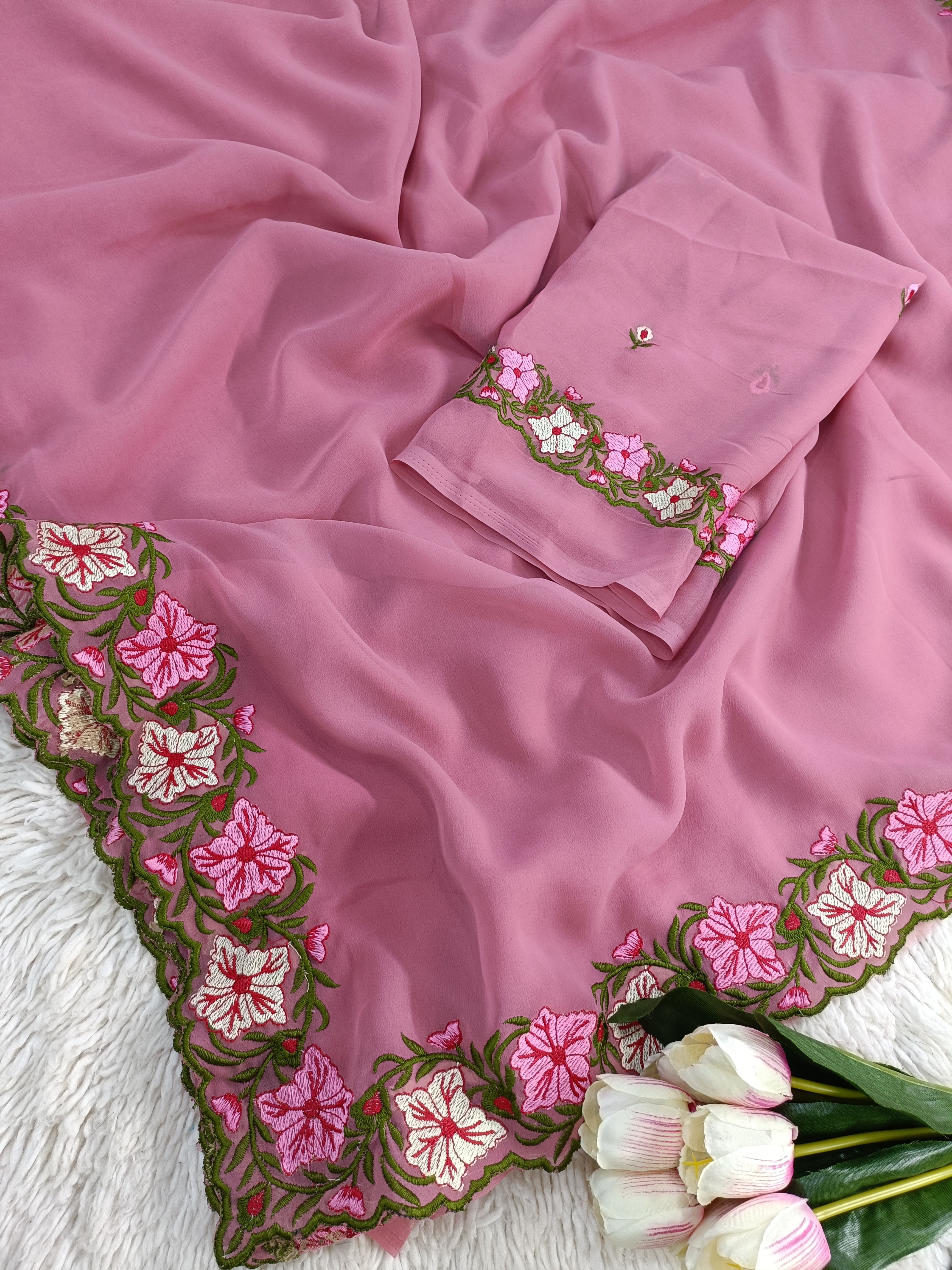 New Partywear Rose Pattern Designer Border Work Saree