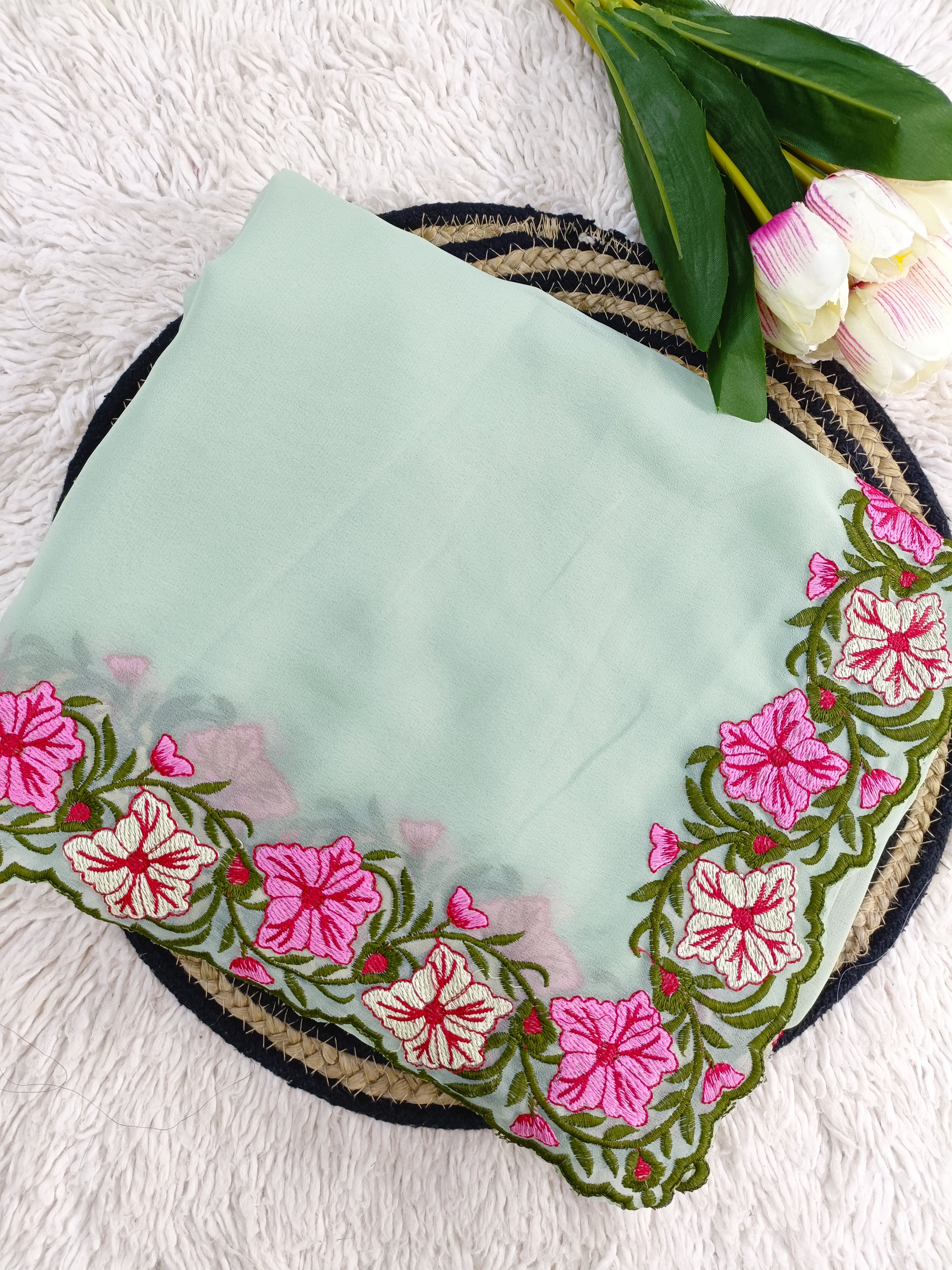 New Partywear Rose Pattern Designer Border Work Saree