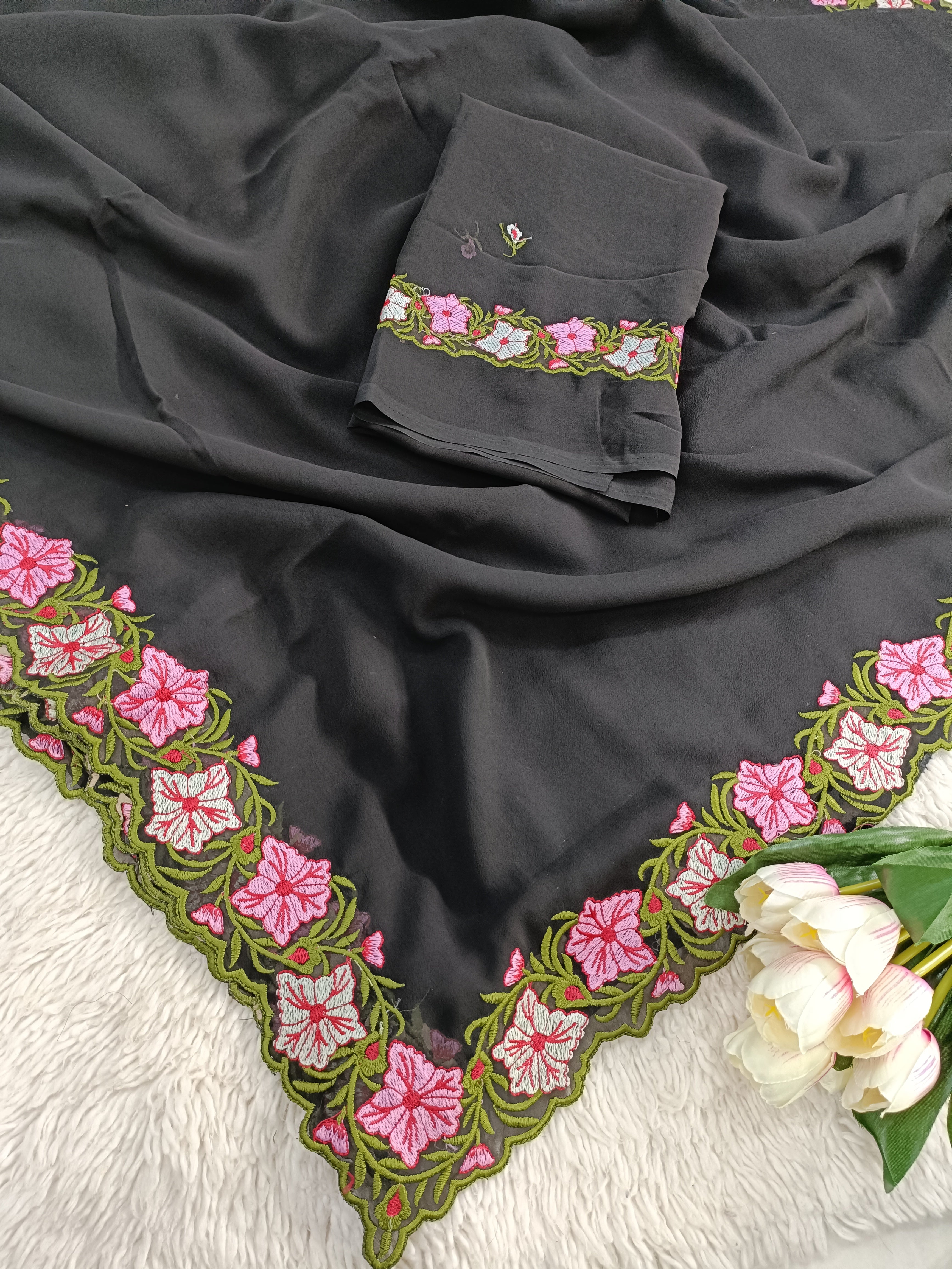 New Partywear Rose Pattern Designer Border Work Saree