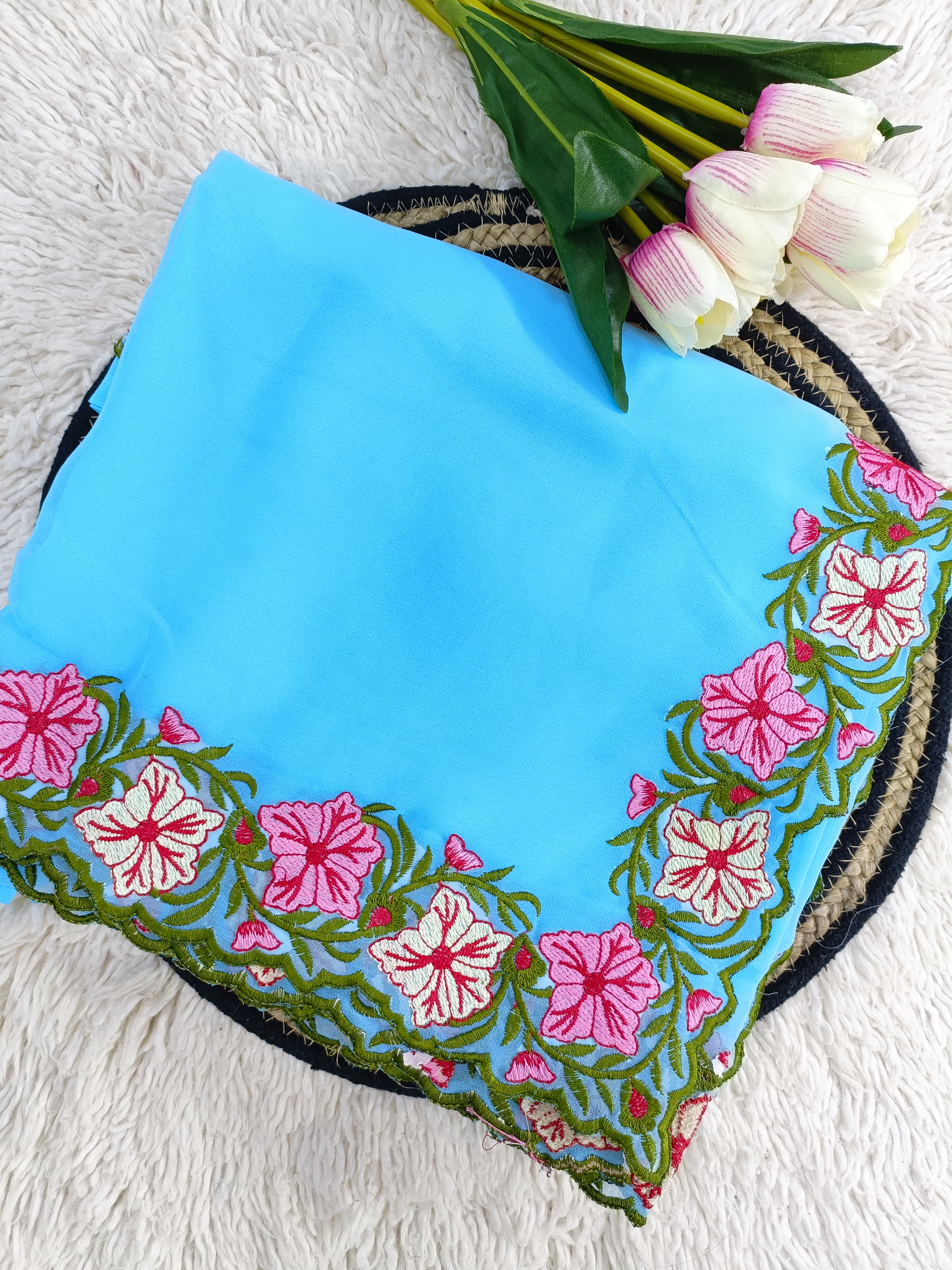 New Partywear Rose Pattern Designer Border Work Saree