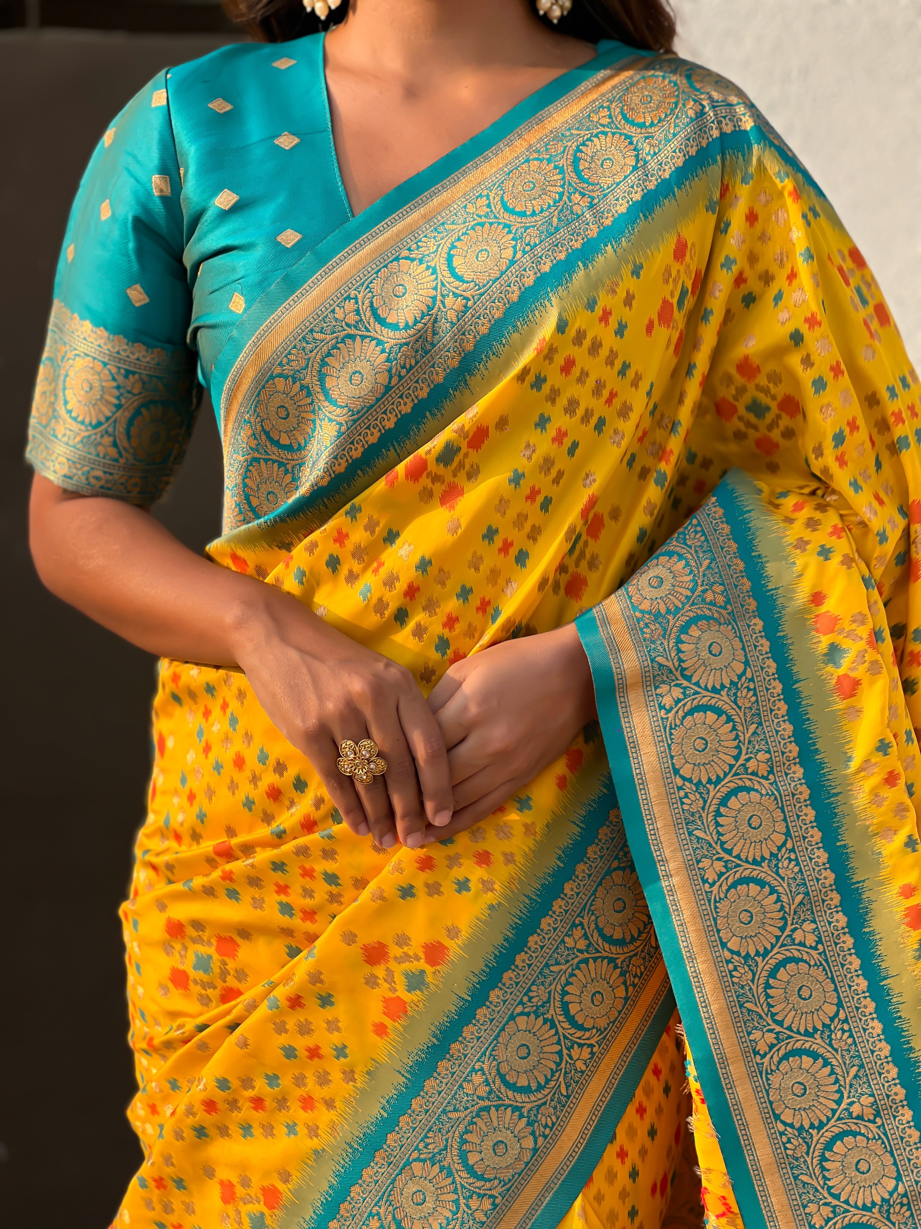 Yellow Soft Silk Zari Woven Premium Patola Saree with Contrast Weaves