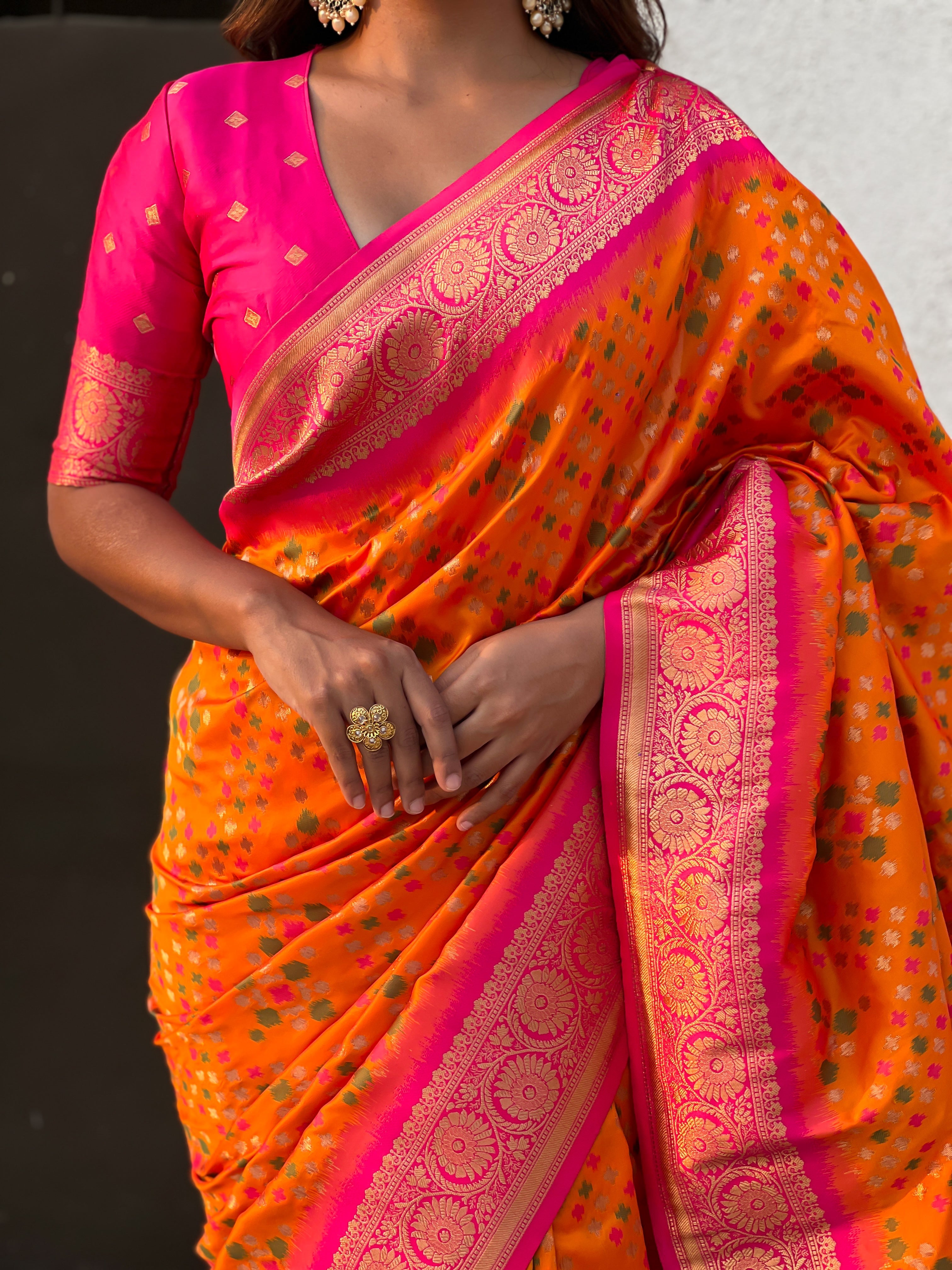 Orange Soft Silk Zari Woven Premium Patola Saree with Contrast Weaves