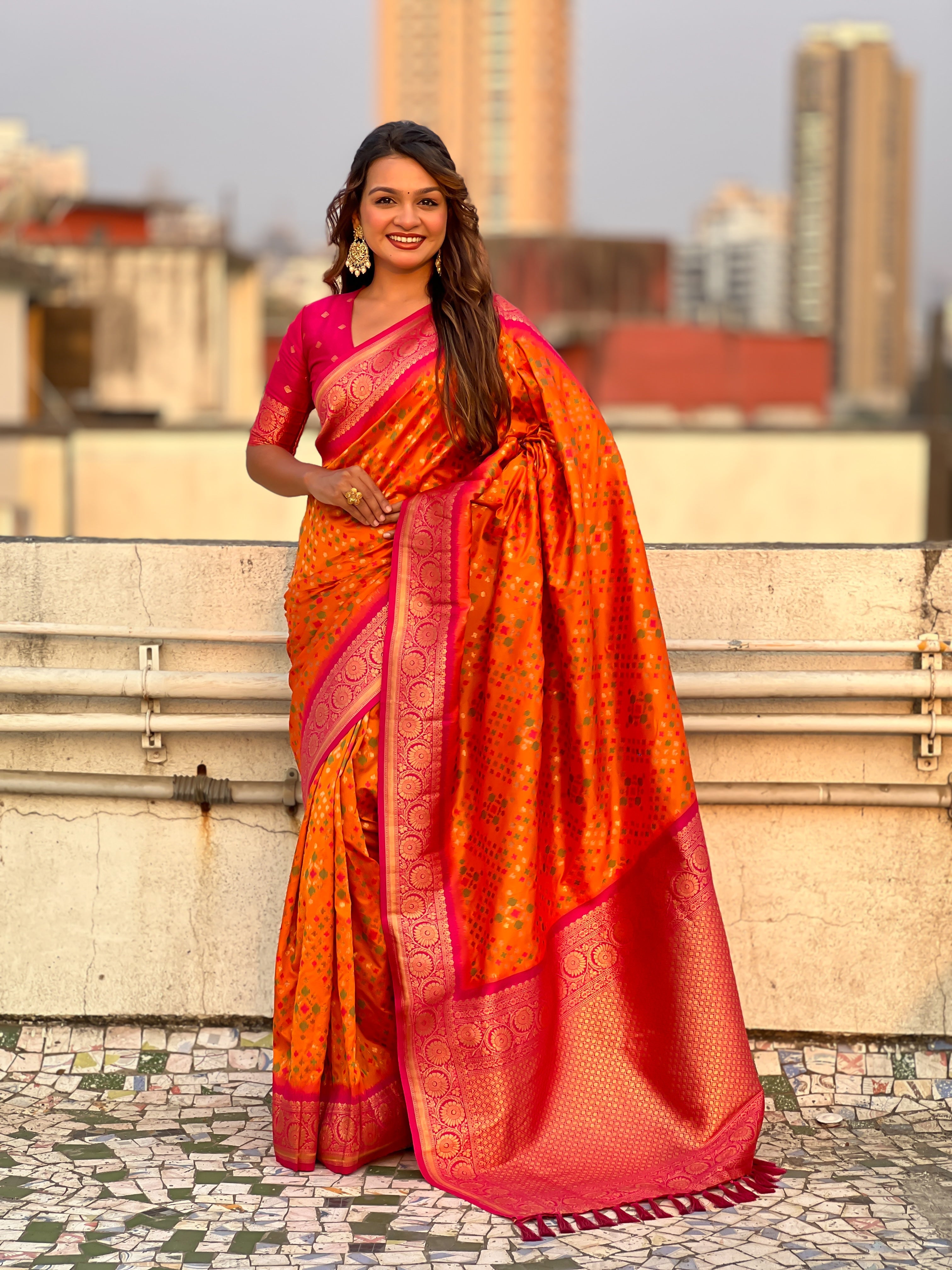 Orange Soft Silk Zari Woven Premium Patola Saree with Contrast Weaves