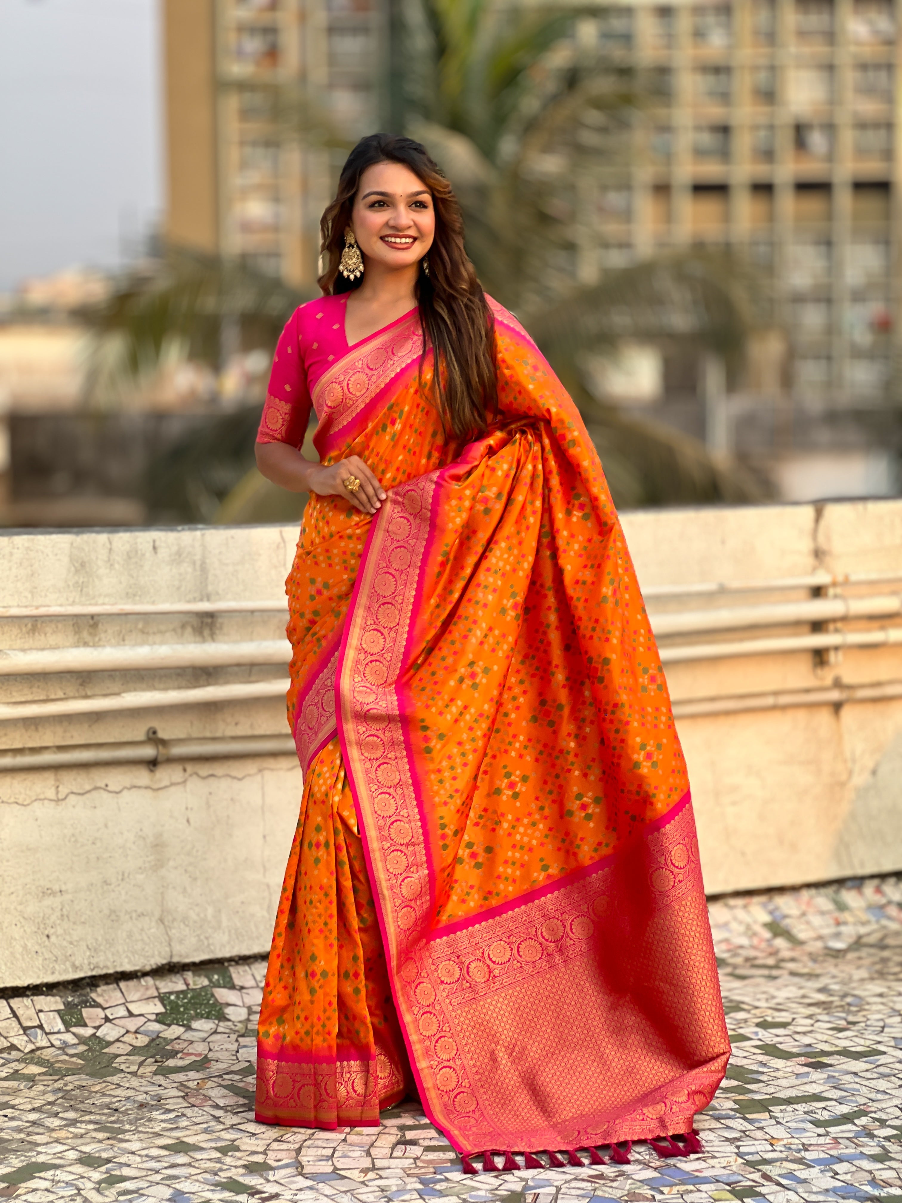 Orange Soft Silk Zari Woven Premium Patola Saree with Contrast Weaves