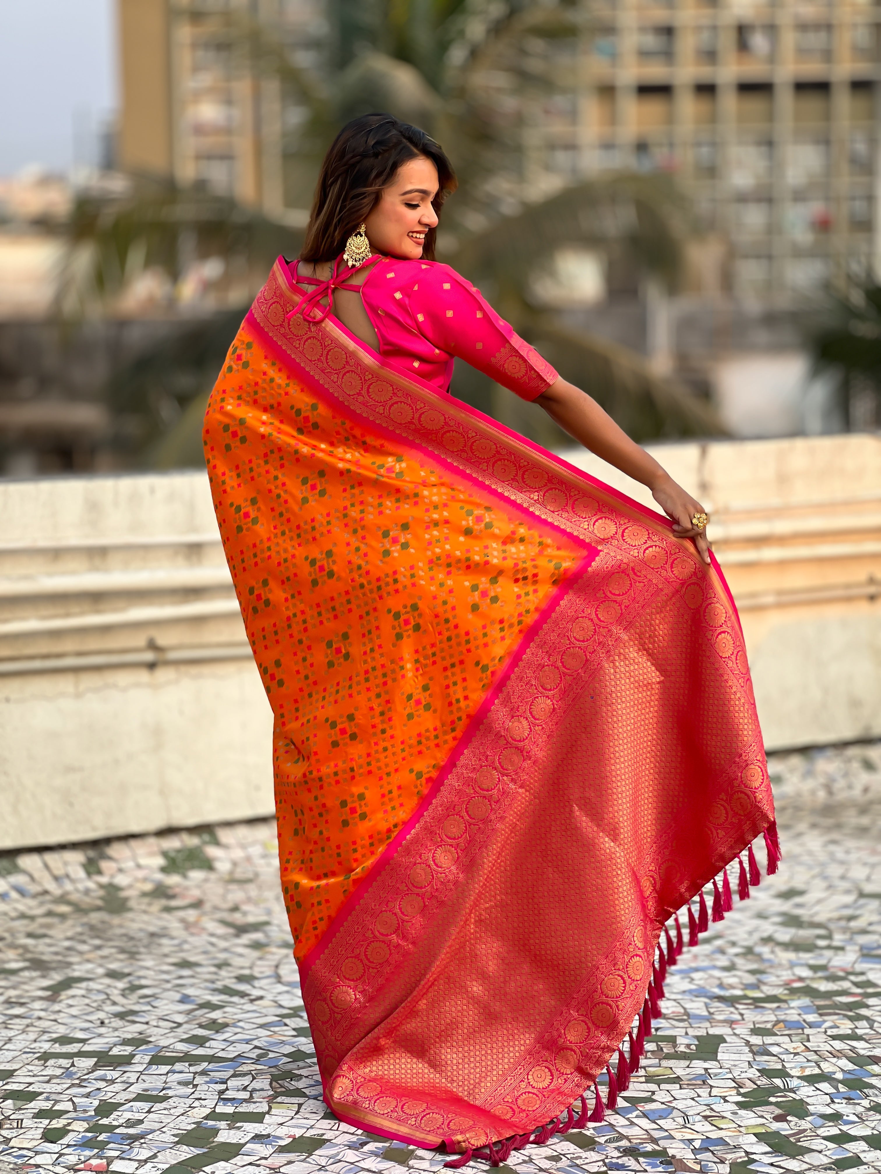 Orange Soft Silk Zari Woven Premium Patola Saree with Contrast Weaves