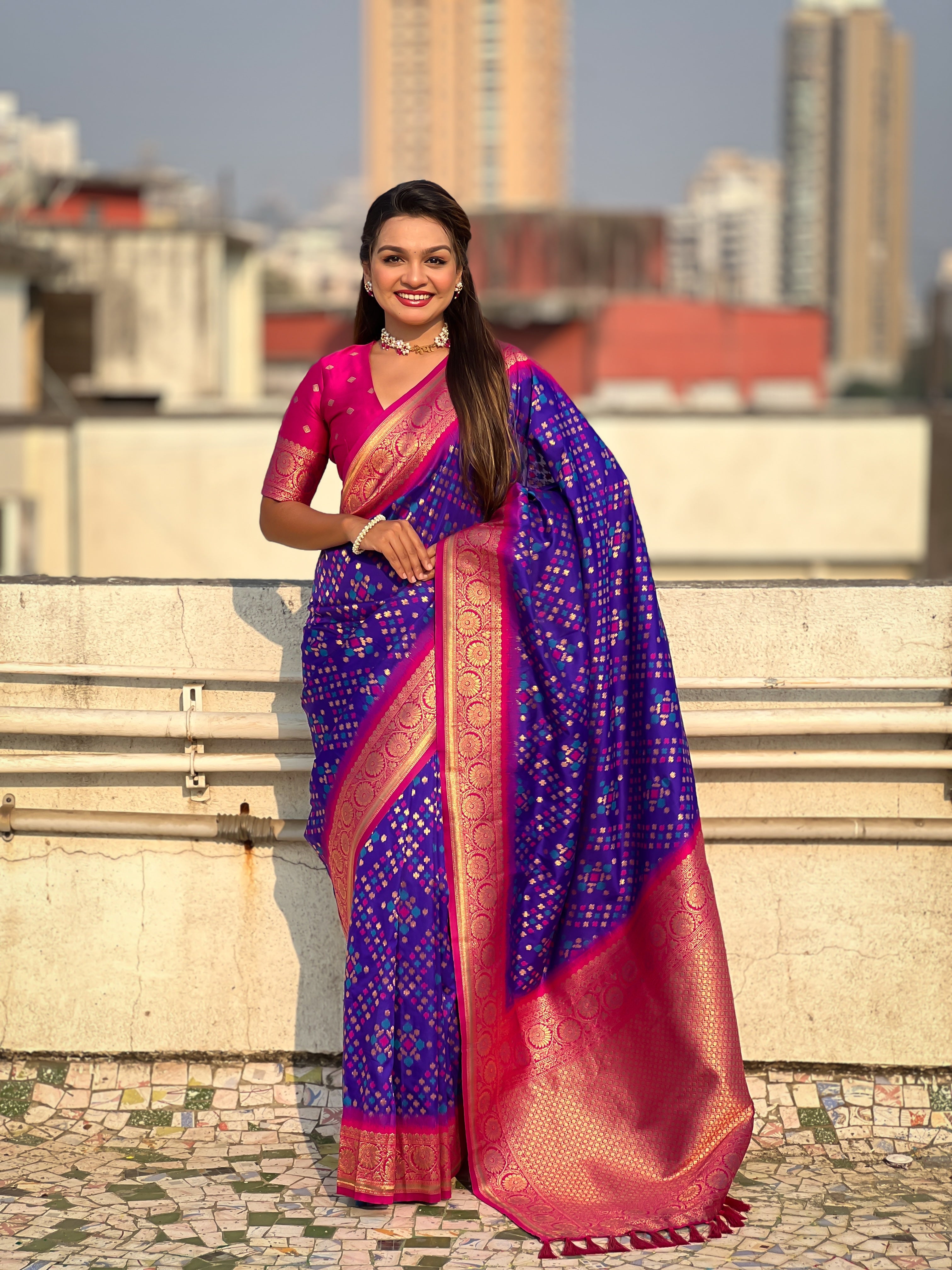 Violet Soft Silk Zari Woven Premium Patola Saree with Contrast Weaves