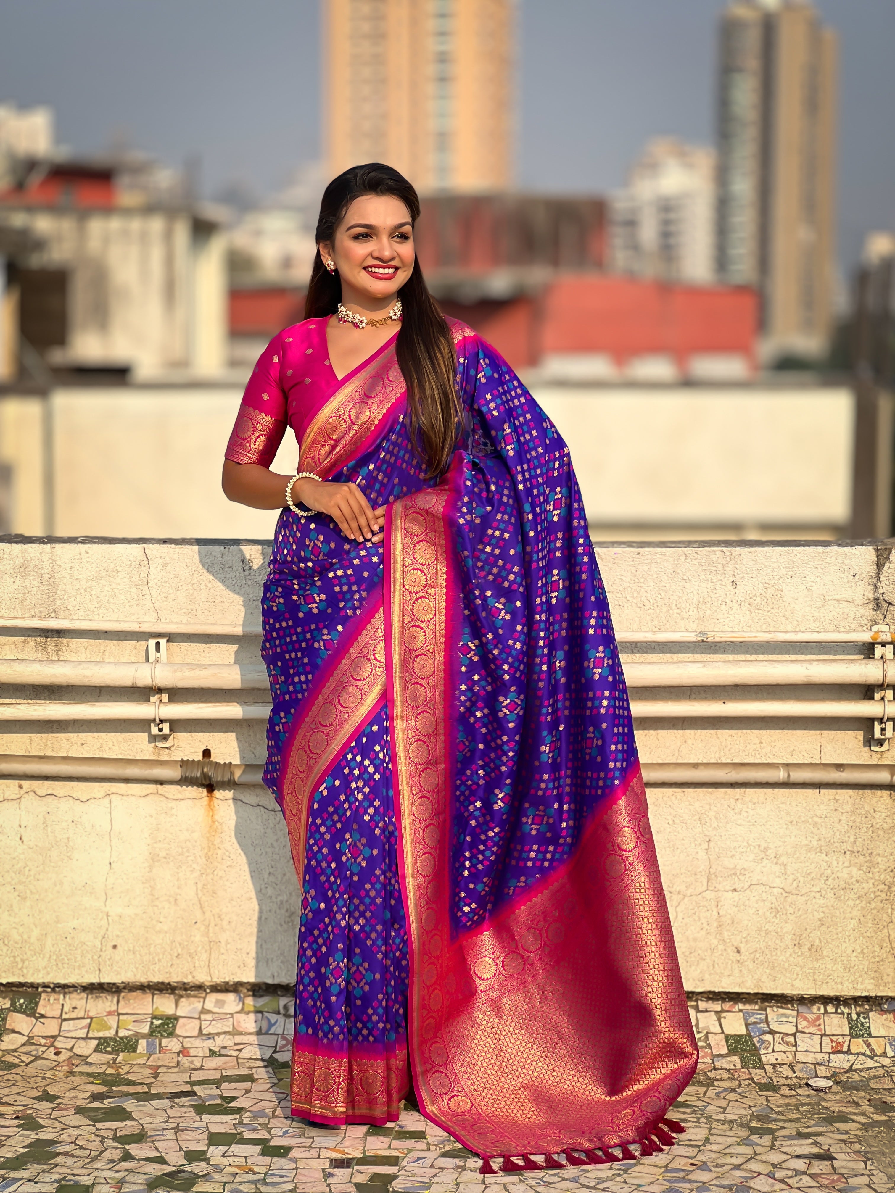 Violet Soft Silk Zari Woven Premium Patola Saree with Contrast Weaves