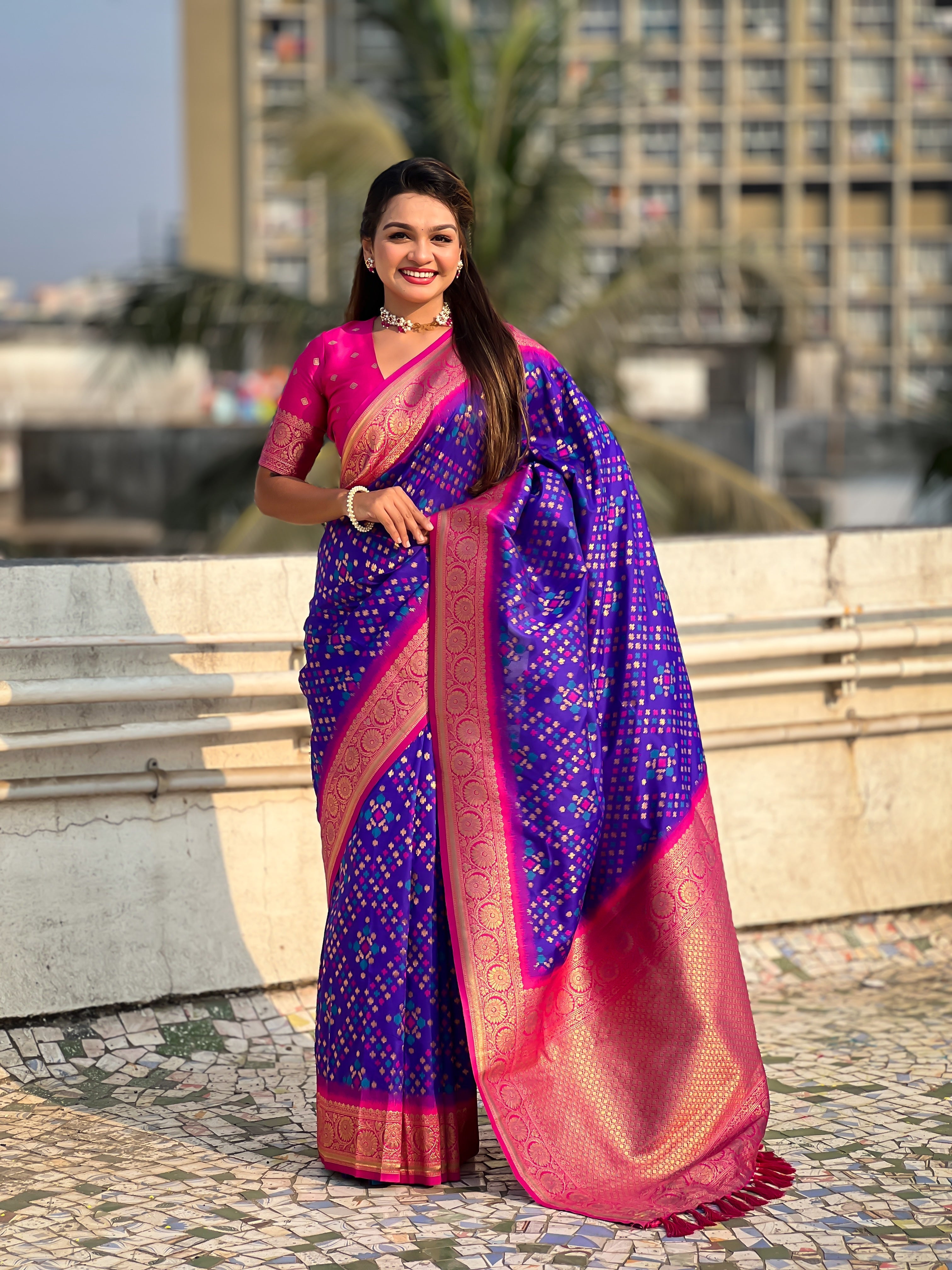 Violet Soft Silk Zari Woven Premium Patola Saree with Contrast Weaves