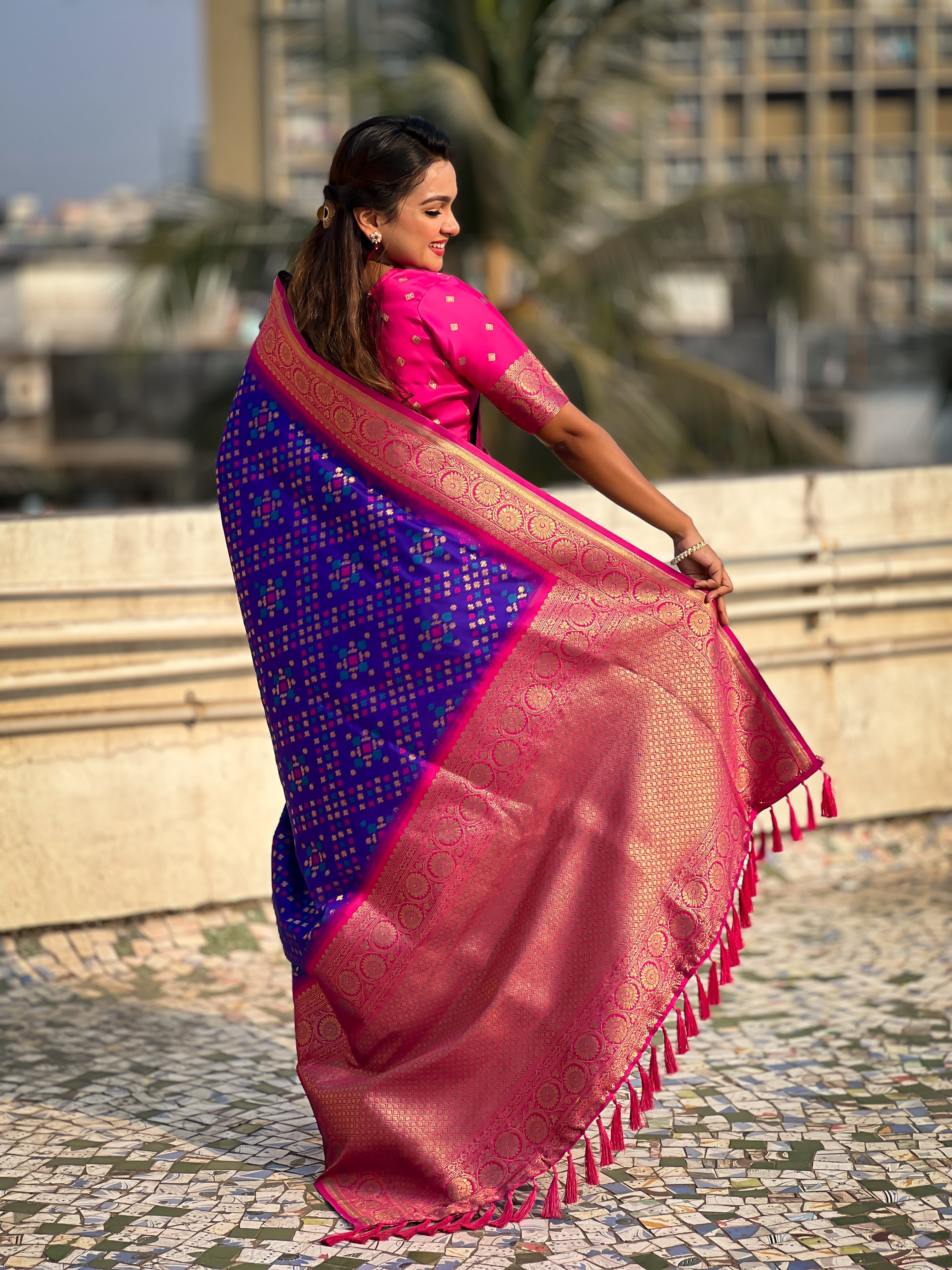 Violet Soft Silk Zari Woven Premium Patola Saree with Contrast Weaves