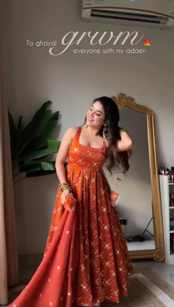 Orange Premium Elegant Anarkali  Suit Set