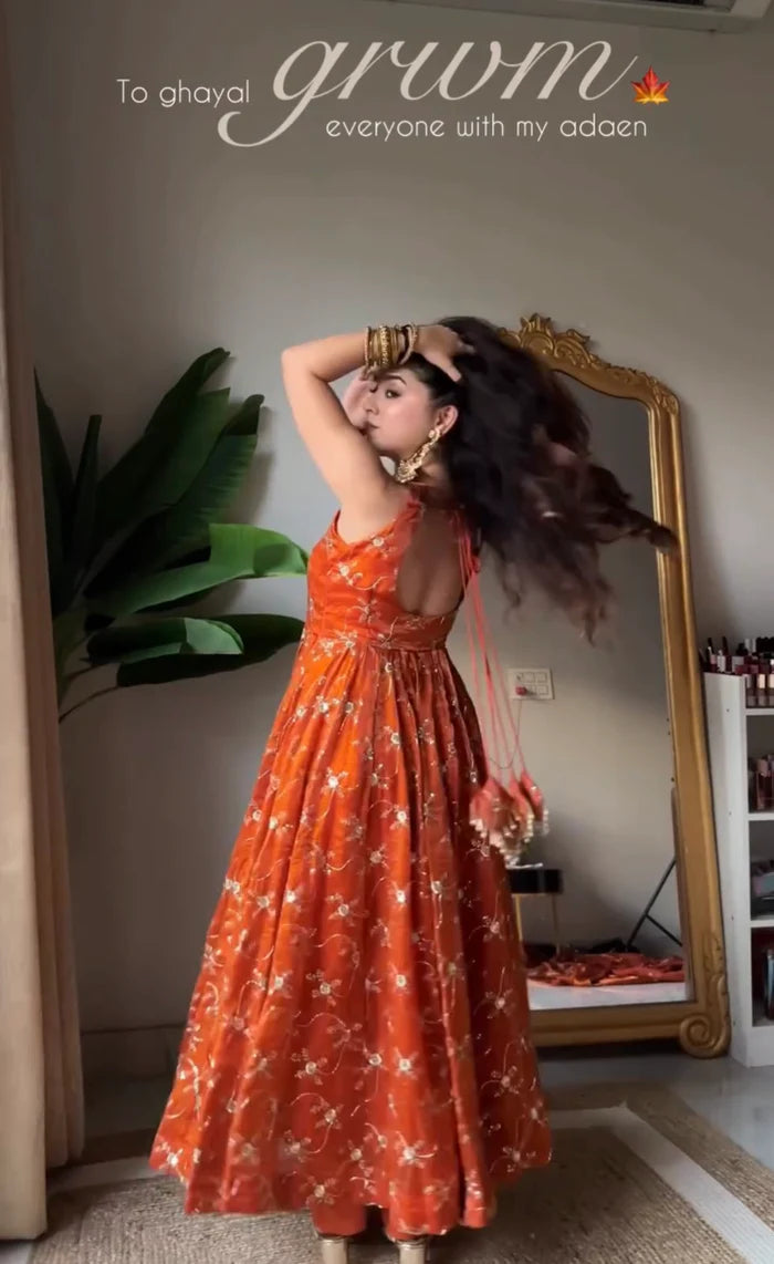 Orange Premium Elegant Anarkali  Suit Set