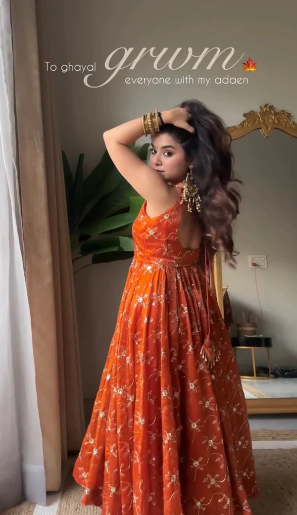 Orange Premium Elegant Anarkali  Suit Set