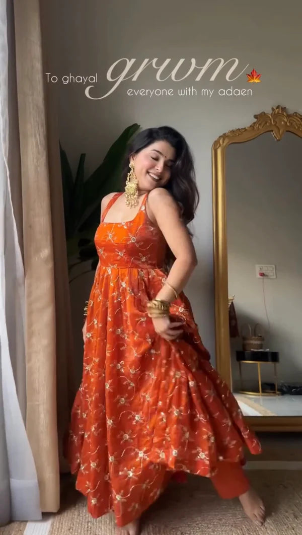 Orange Premium Elegant Anarkali  Suit Set
