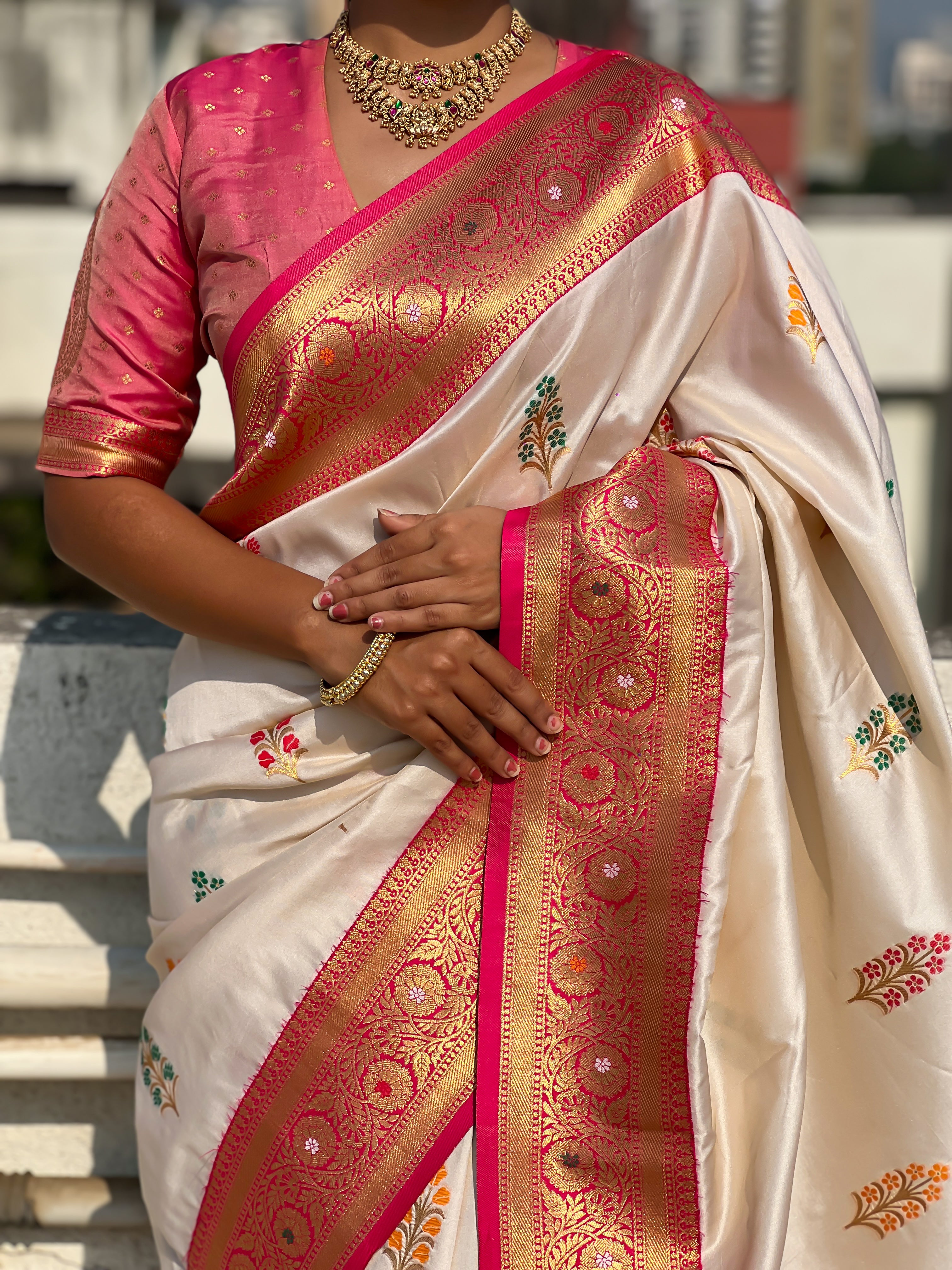 Cream Soft Silk Saree with Flower Butta Meenakari Zari Woven Saree
