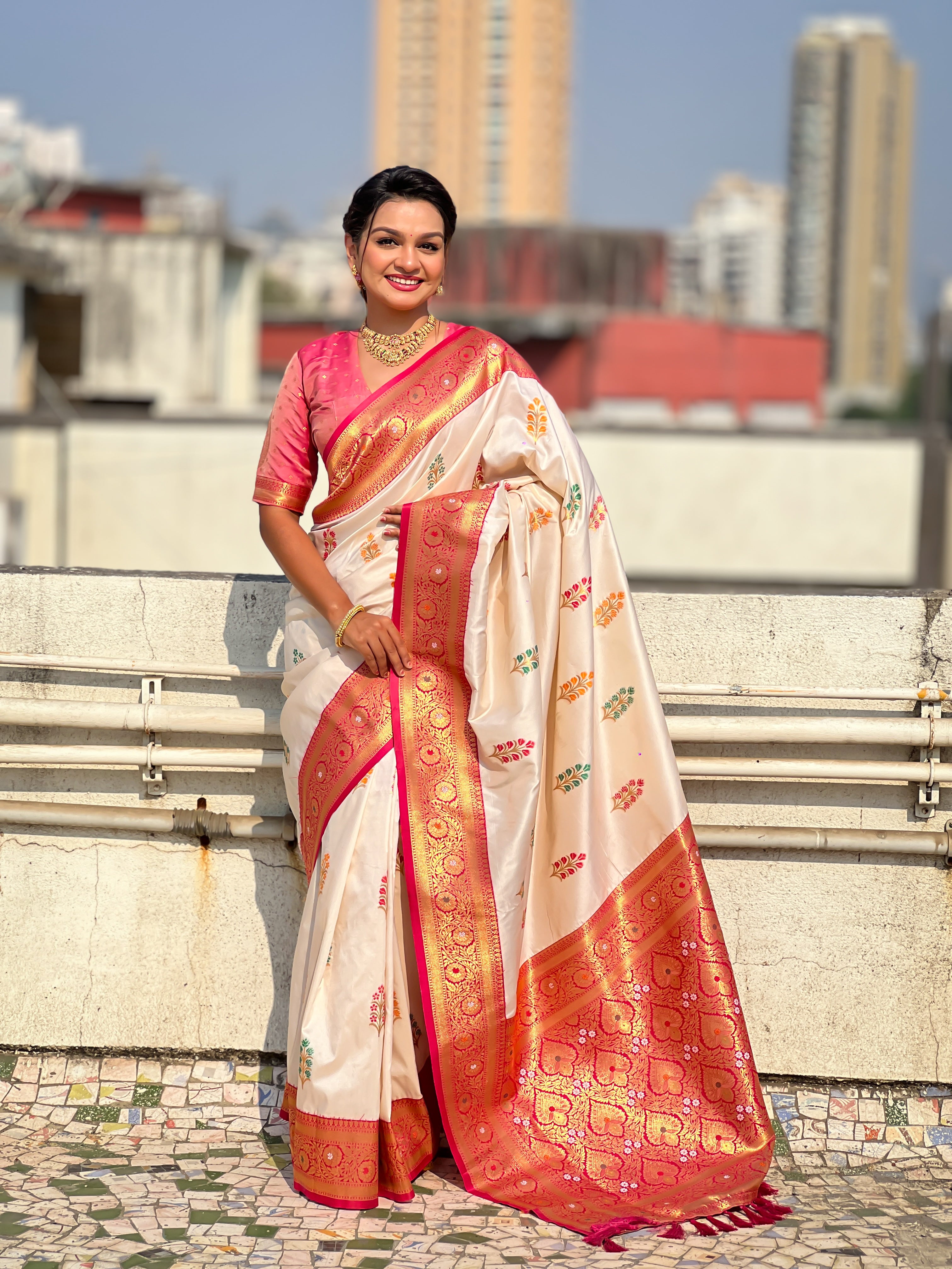 Cream Soft Silk Saree with Flower Butta Meenakari Zari Woven Saree