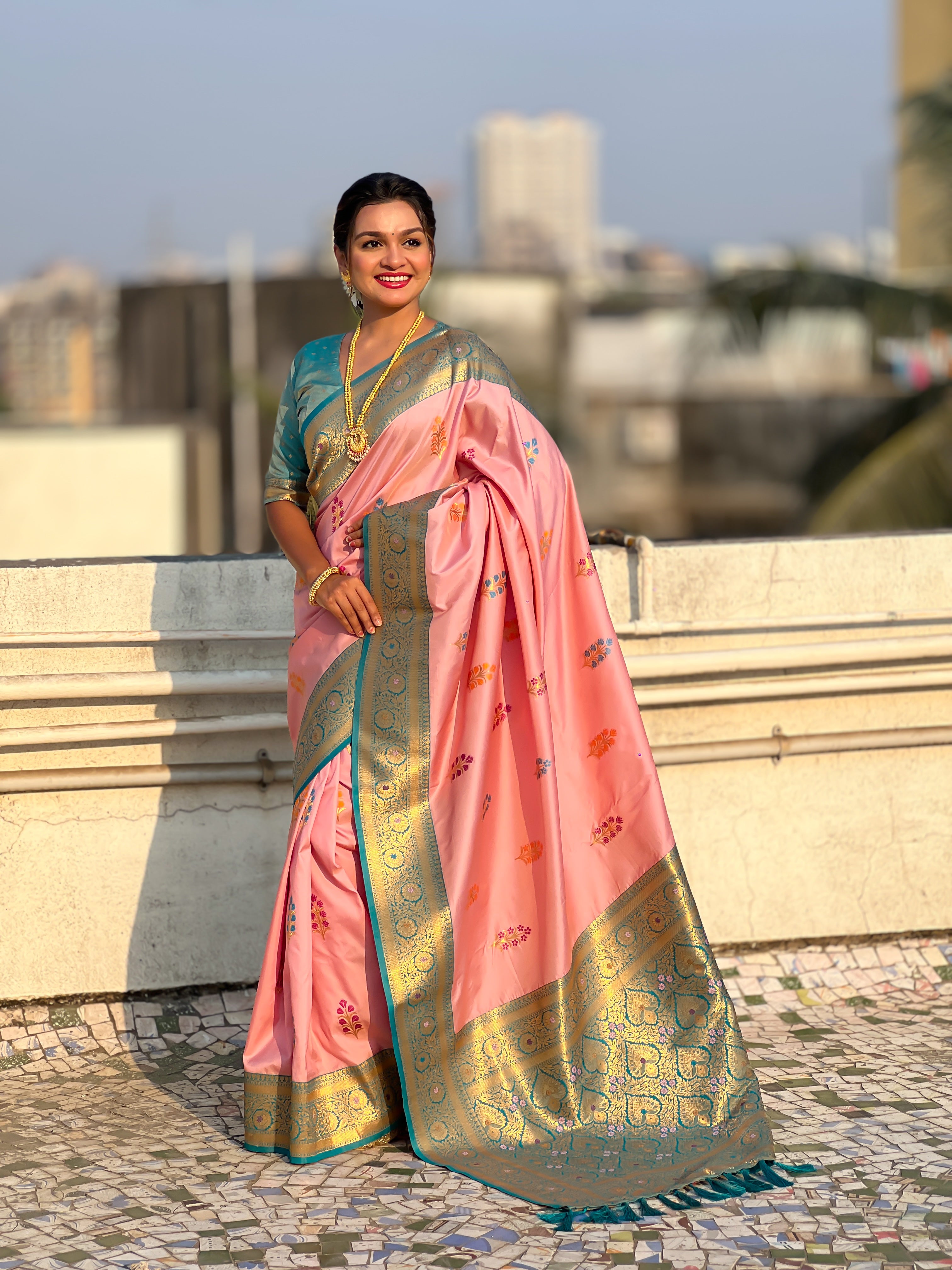 Pink  Soft Silk Saree with Flower Butta Meenakari Zari Woven Saree