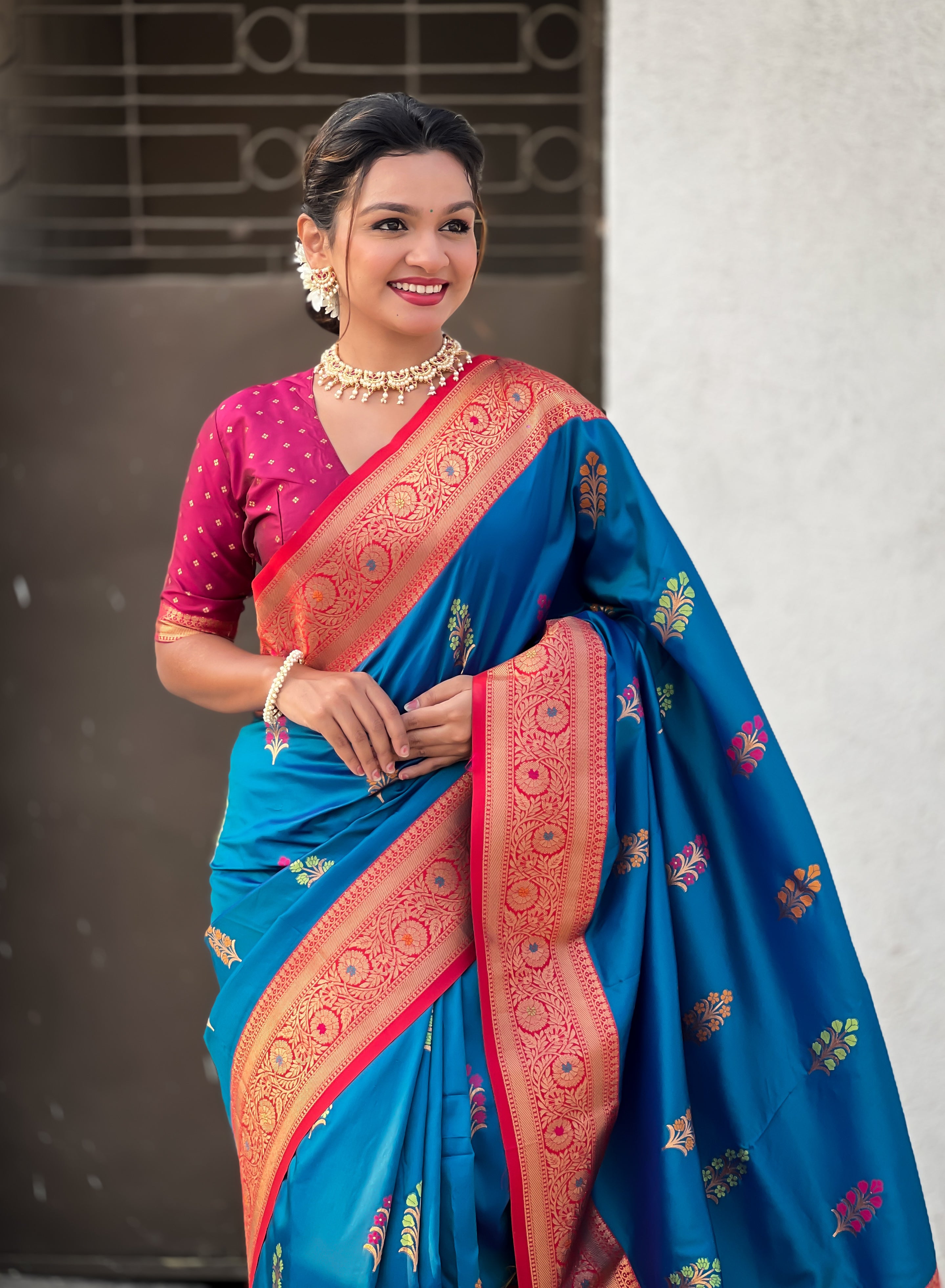Blue Soft Silk Saree with Flower Butta Meenakari Zari Woven Saree