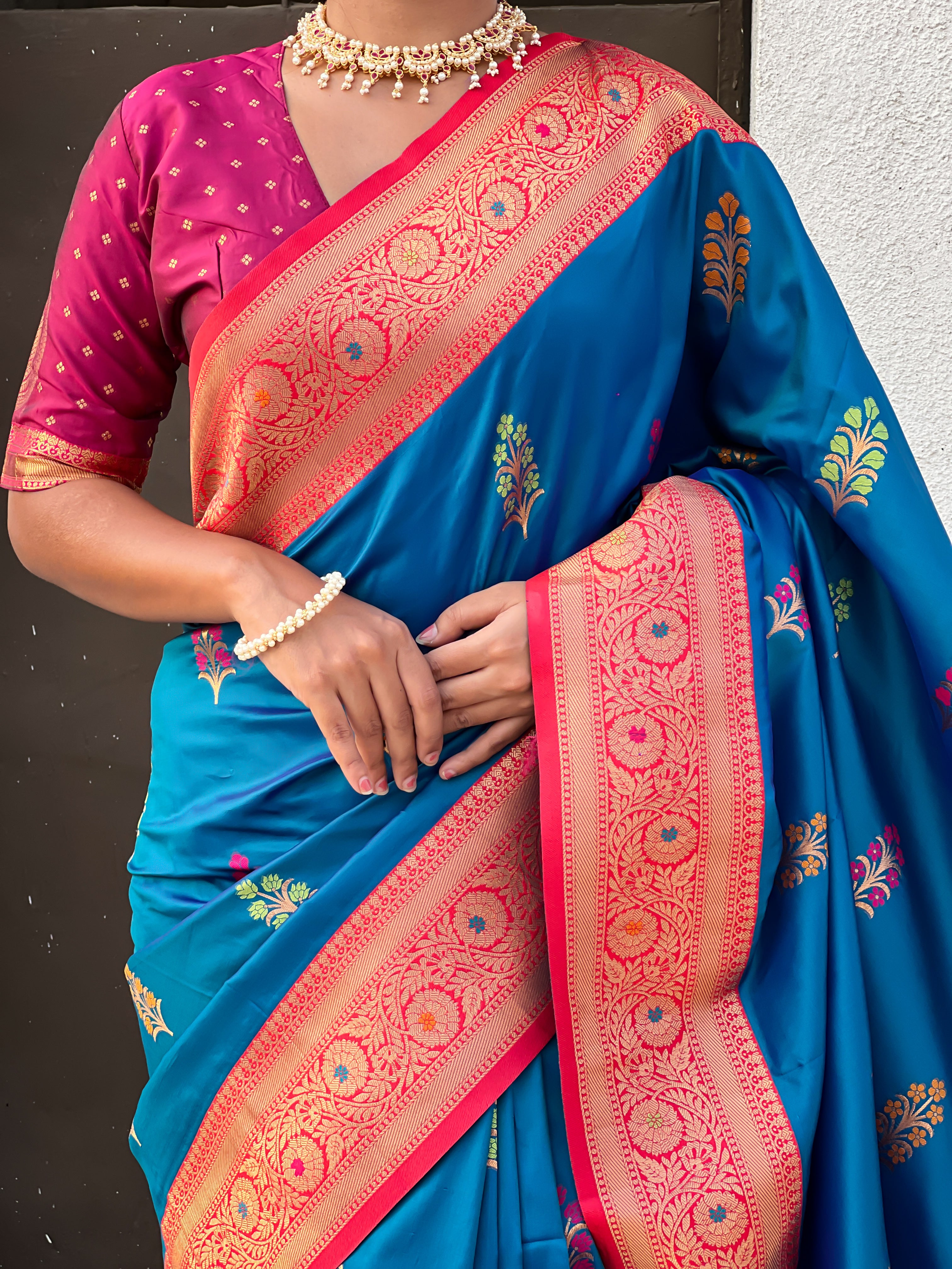 Blue Soft Silk Saree with Flower Butta Meenakari Zari Woven Saree