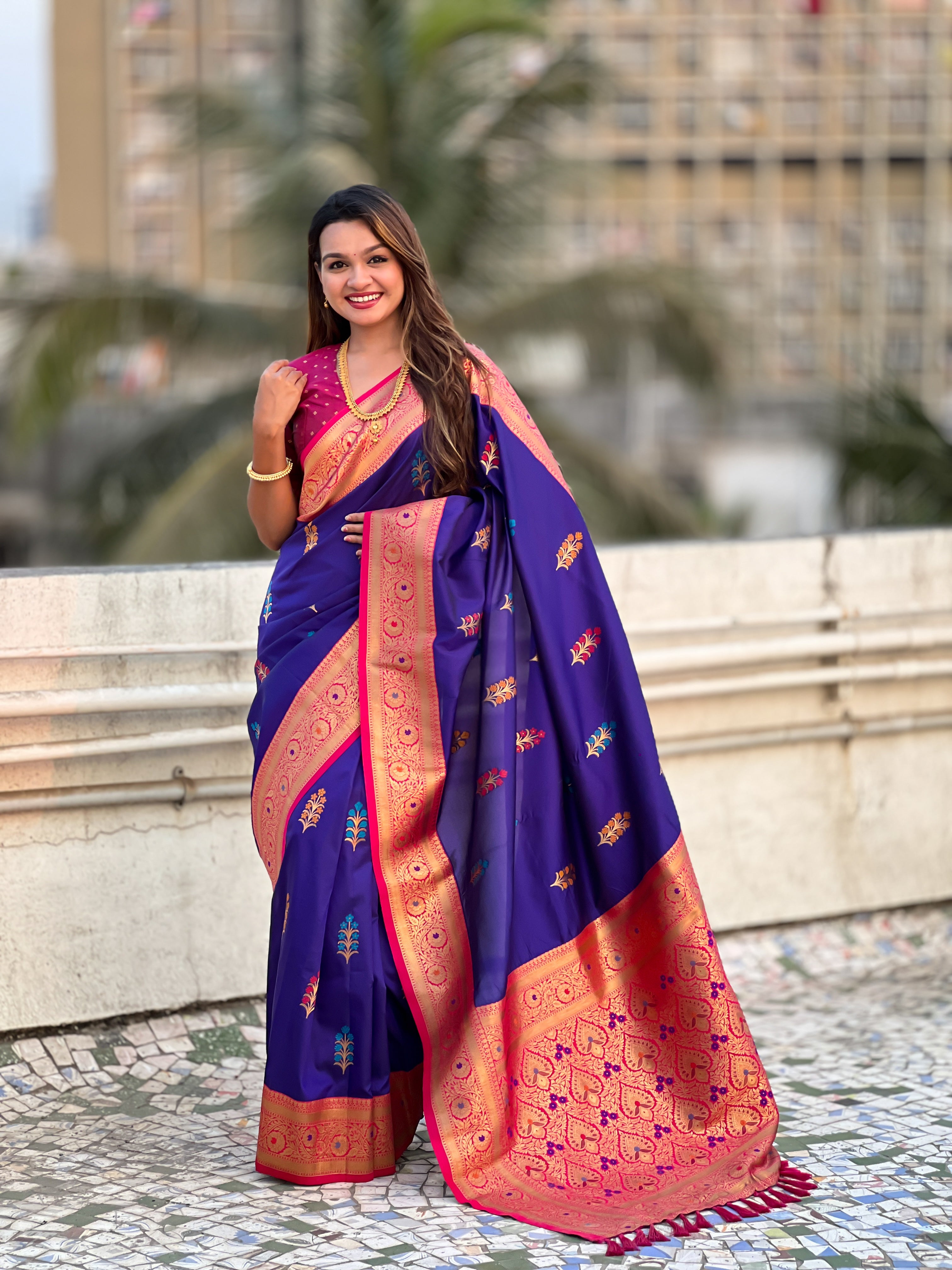 Purple Soft Silk Saree with Flower Butta Meenakari Zari Woven Saree