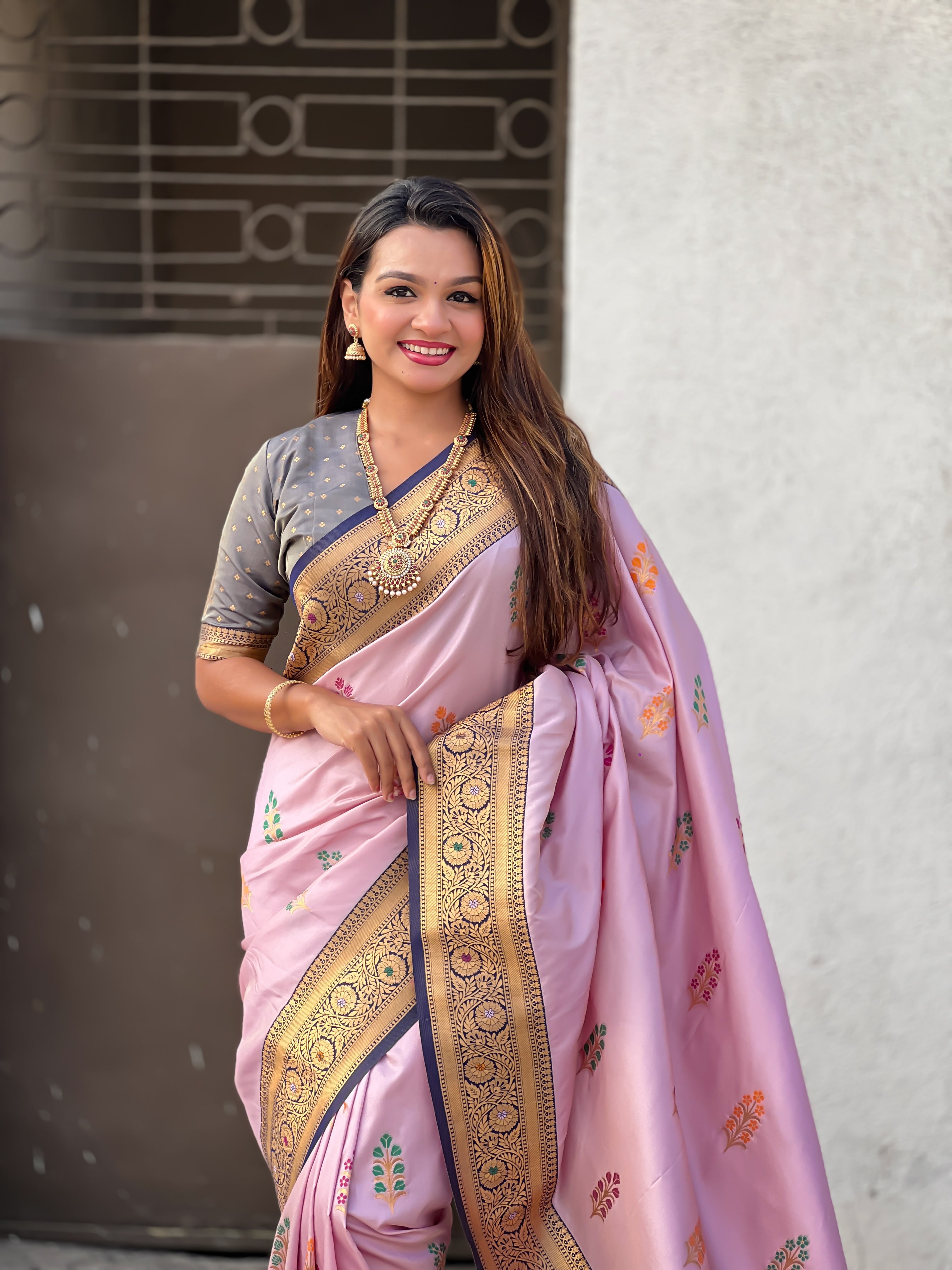 Baby Pink Soft Silk Saree with Flower Butta Meenakari Zari Woven Saree