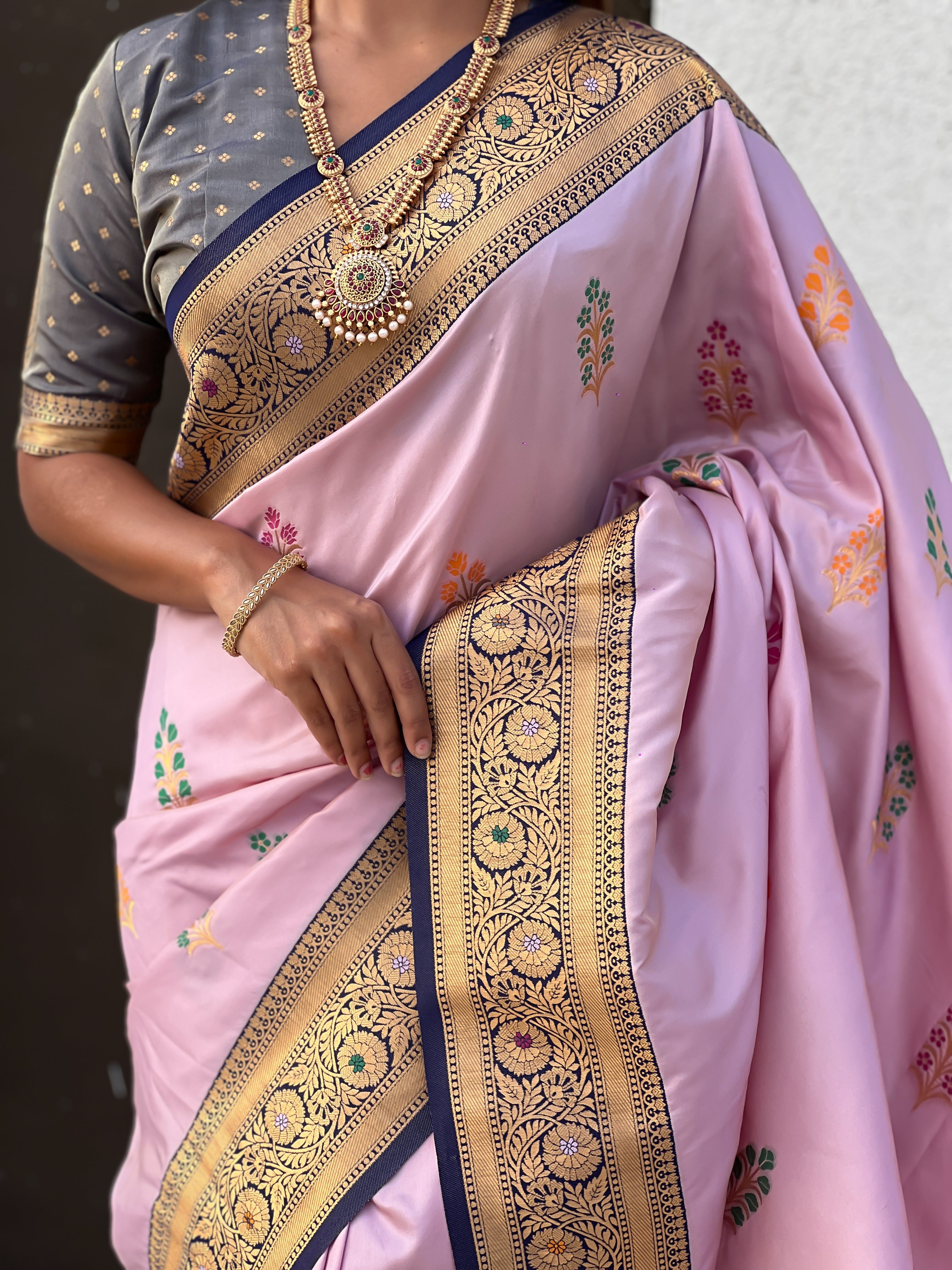 Baby Pink Soft Silk Saree with Flower Butta Meenakari Zari Woven Saree