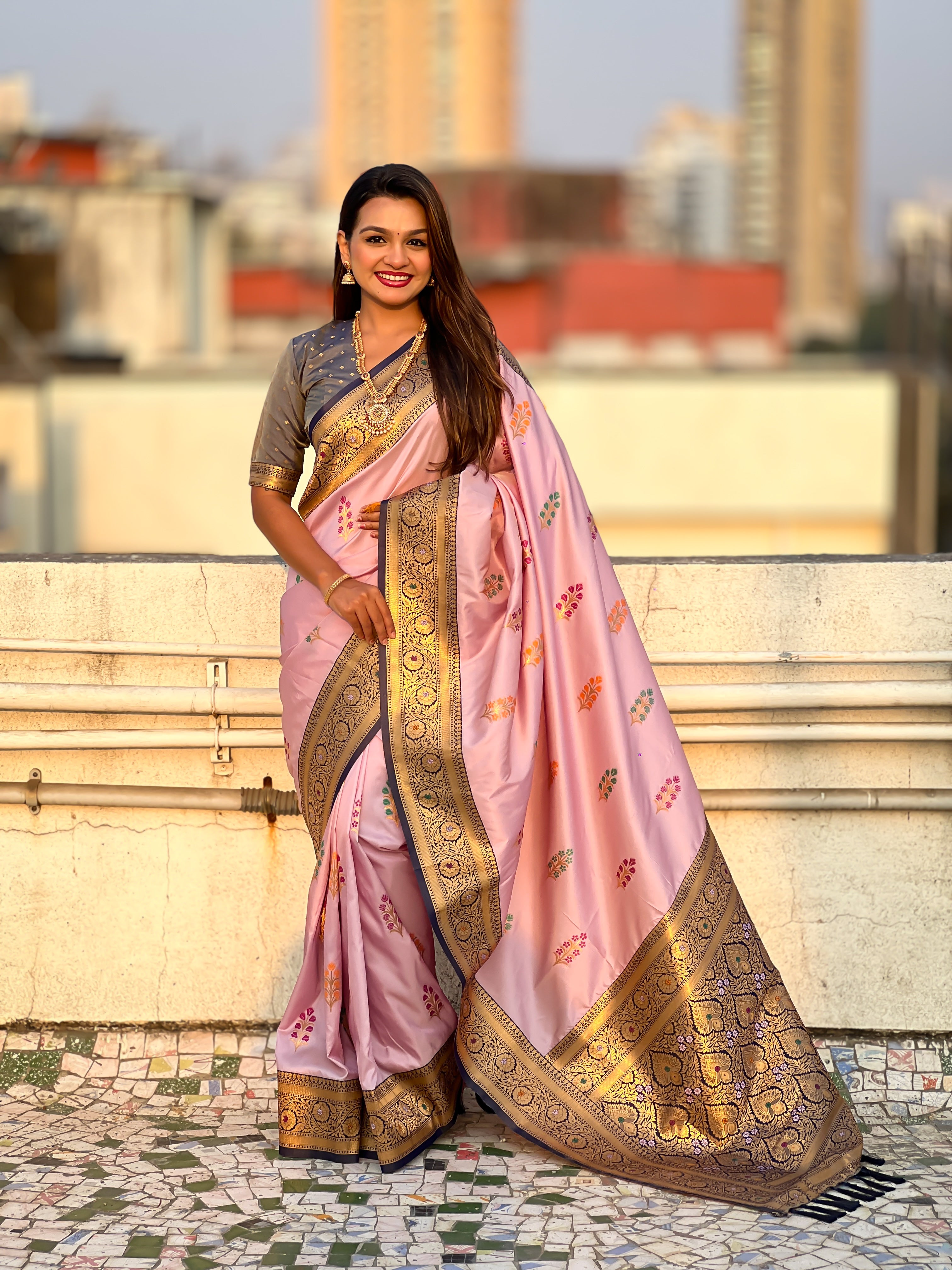 Baby Pink Soft Silk Saree with Flower Butta Meenakari Zari Woven Saree