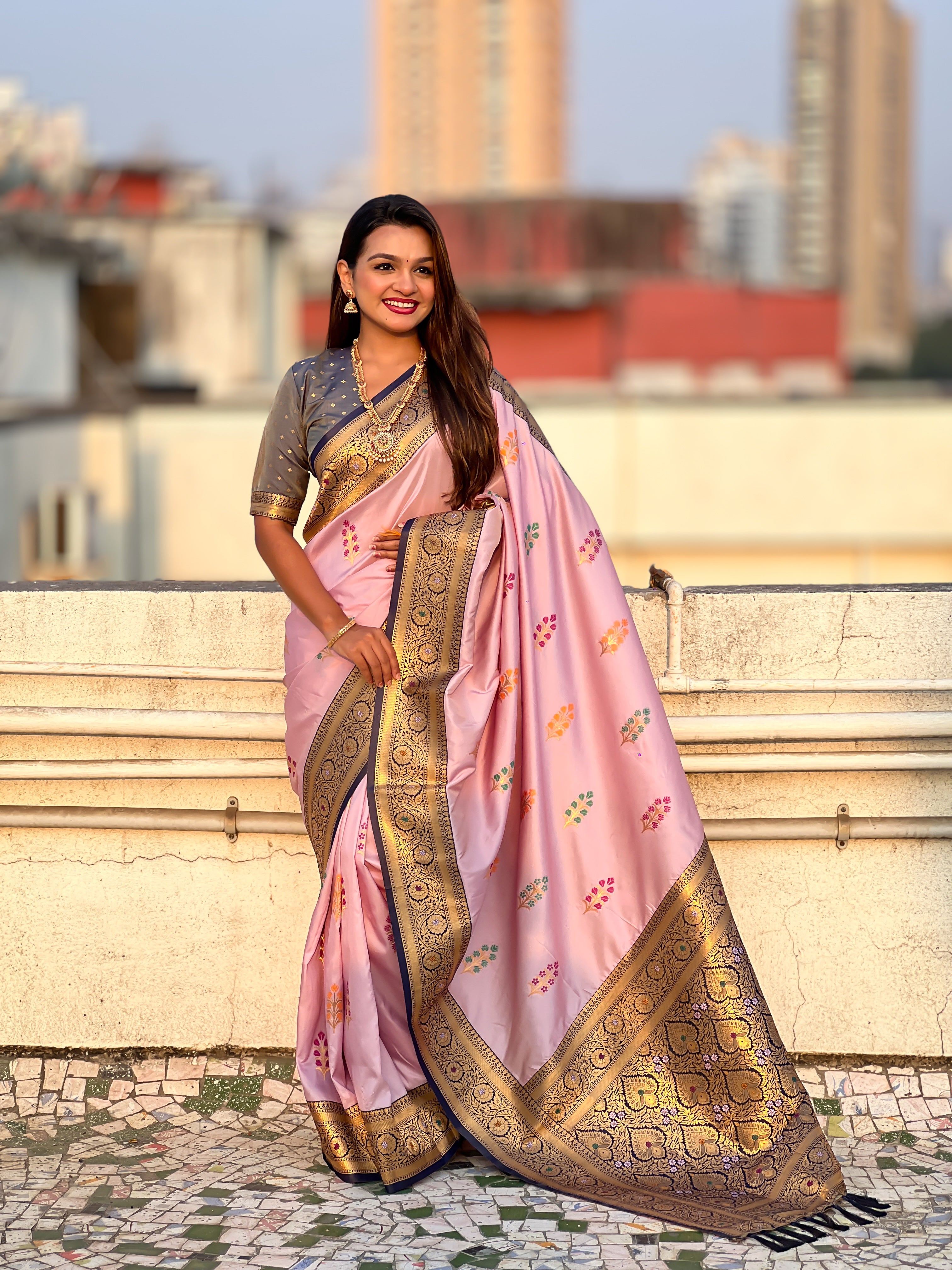 Baby Pink Soft Silk Saree with Flower Butta Meenakari Zari Woven Saree