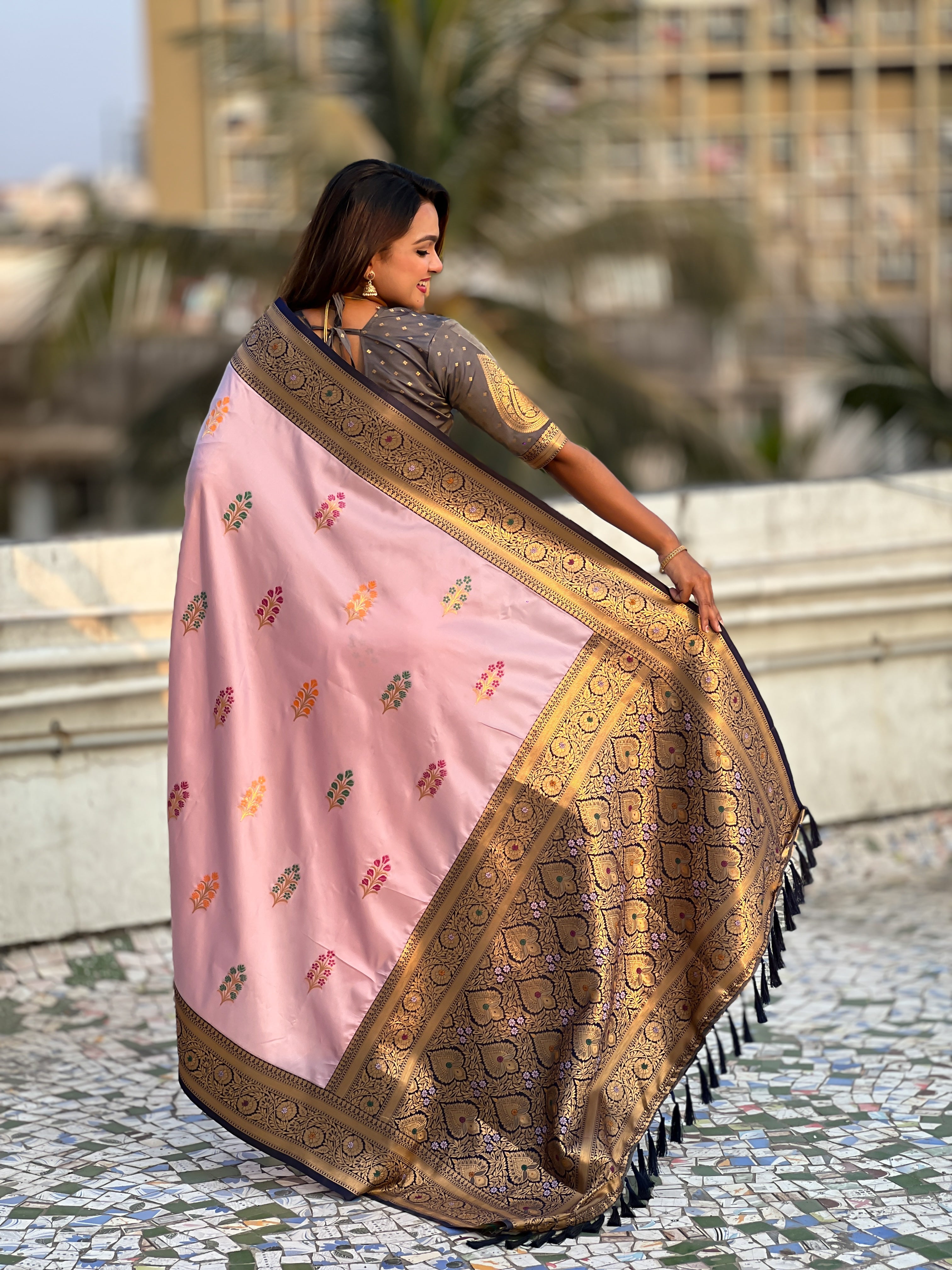 Baby Pink Soft Silk Saree with Flower Butta Meenakari Zari Woven Saree