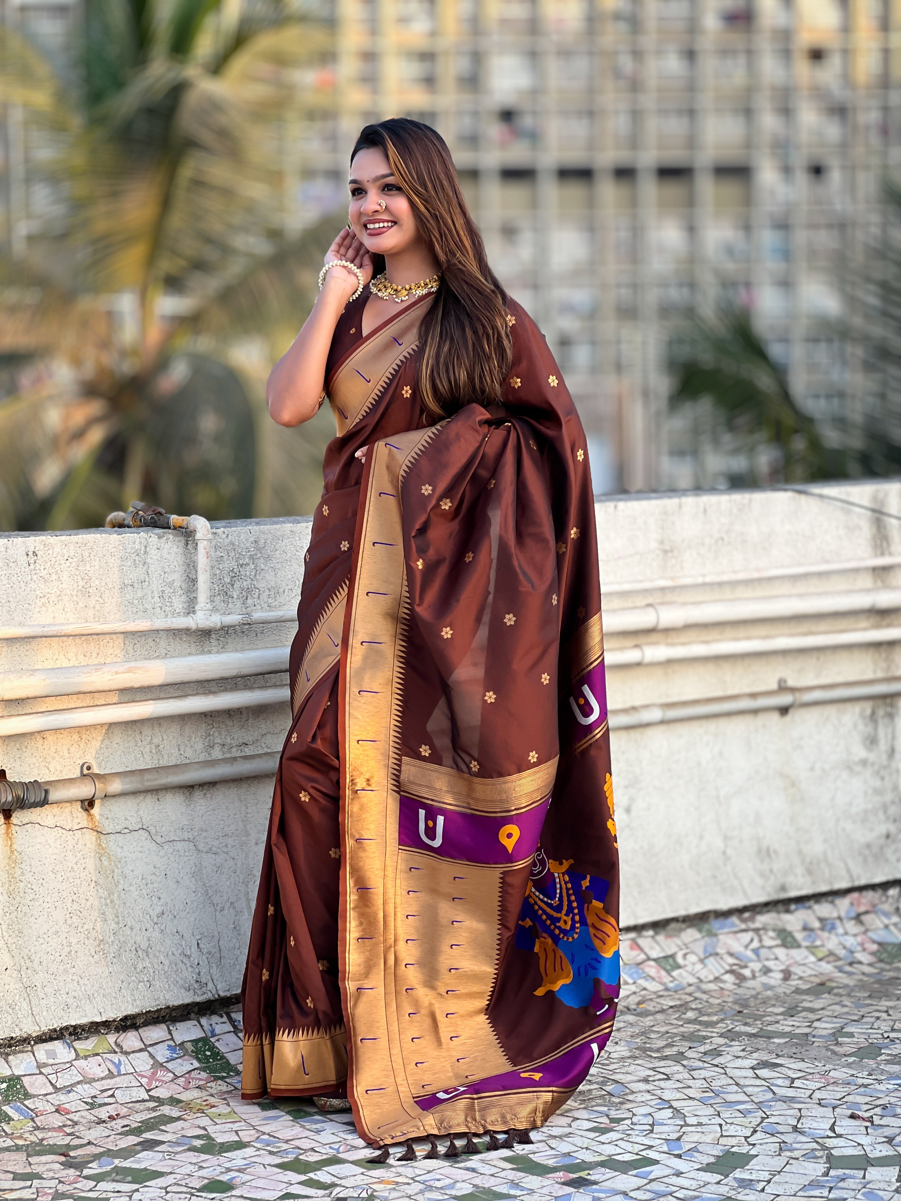 Brown Zari Woven Designer Wedding Gold Paithani Silk Saree