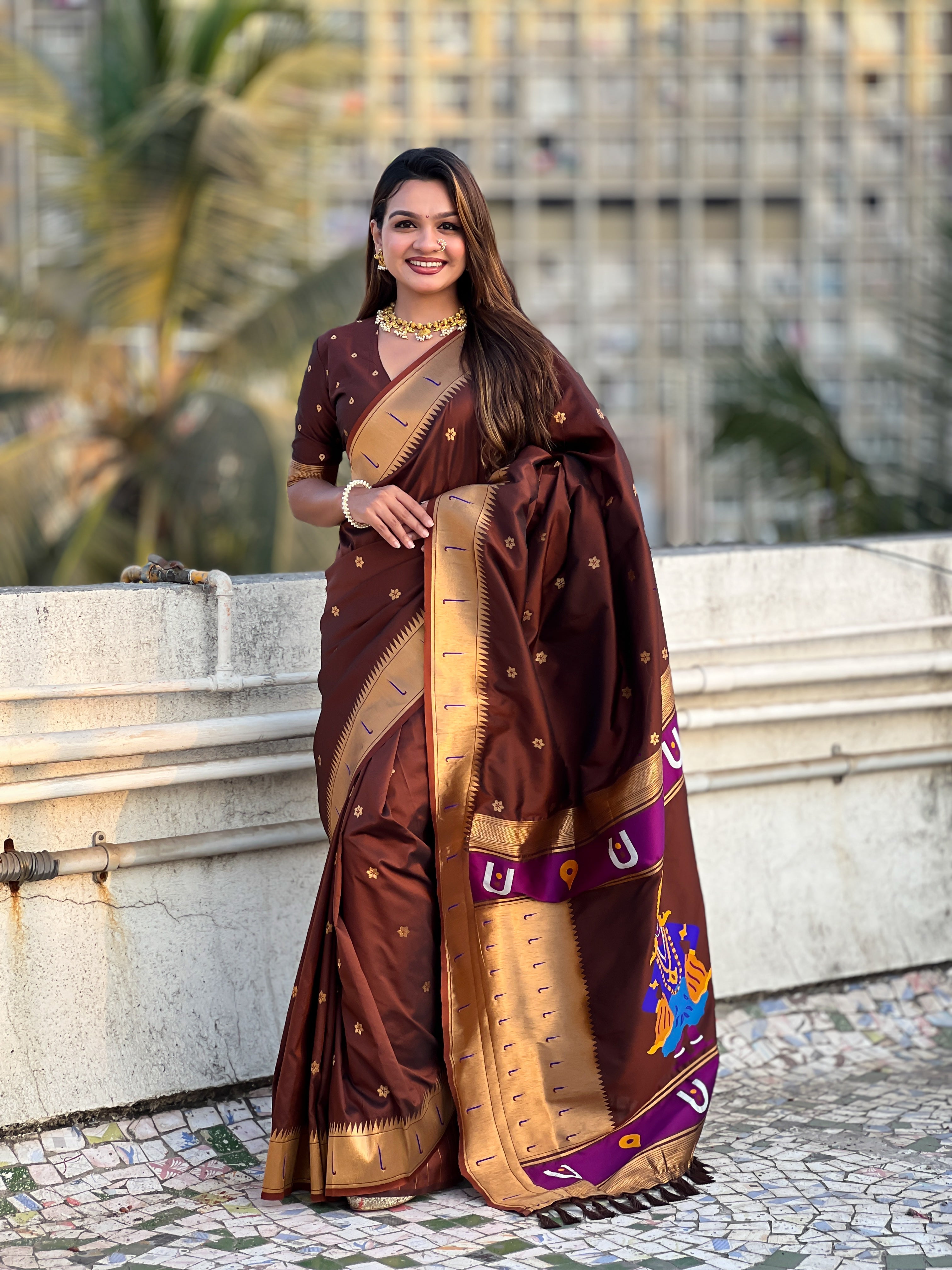 Brown Zari Woven Designer Wedding Gold Paithani Silk Saree
