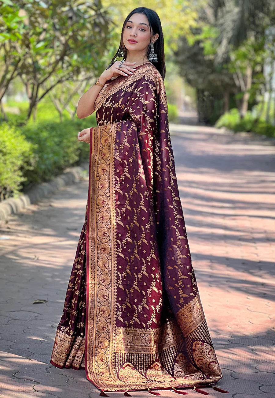 Dark Maroon Banarasi Jaal Katan Silk Zari Woven Saree