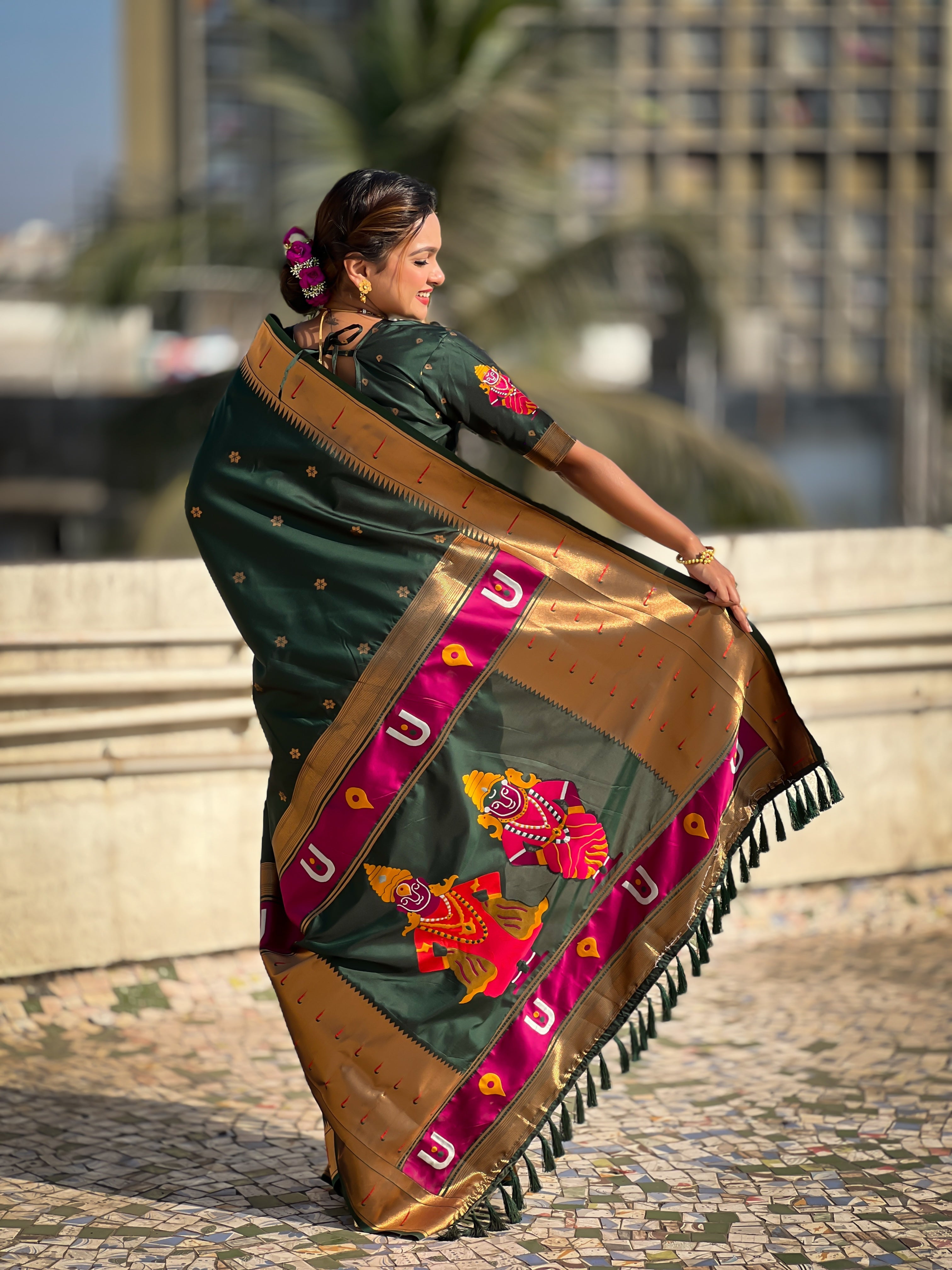Dark Green Zari Woven Premium Designer Wedding Gold Paithani Silk Saree