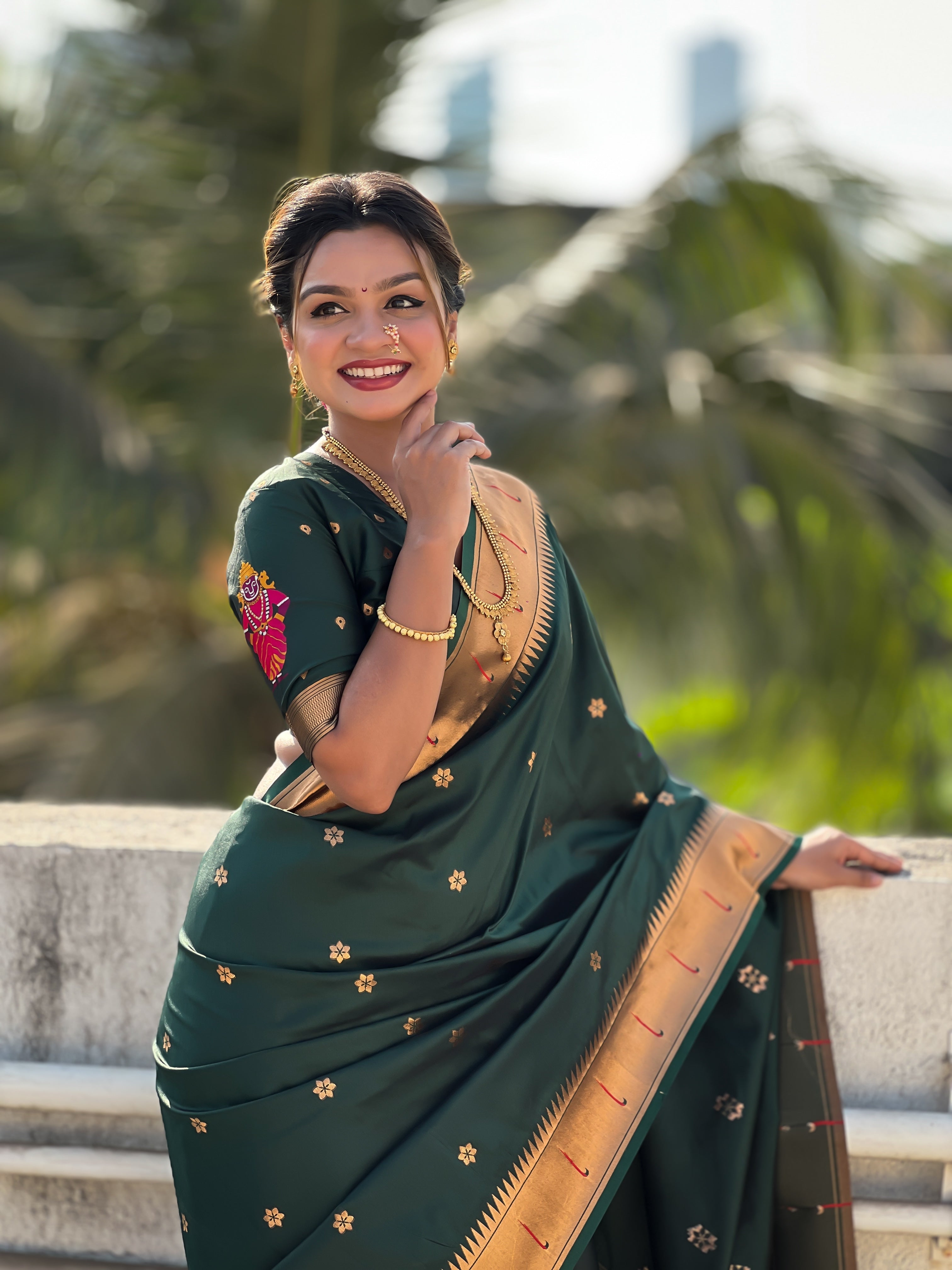 Dark Green Zari Woven Premium Designer Wedding Gold Paithani Silk Saree