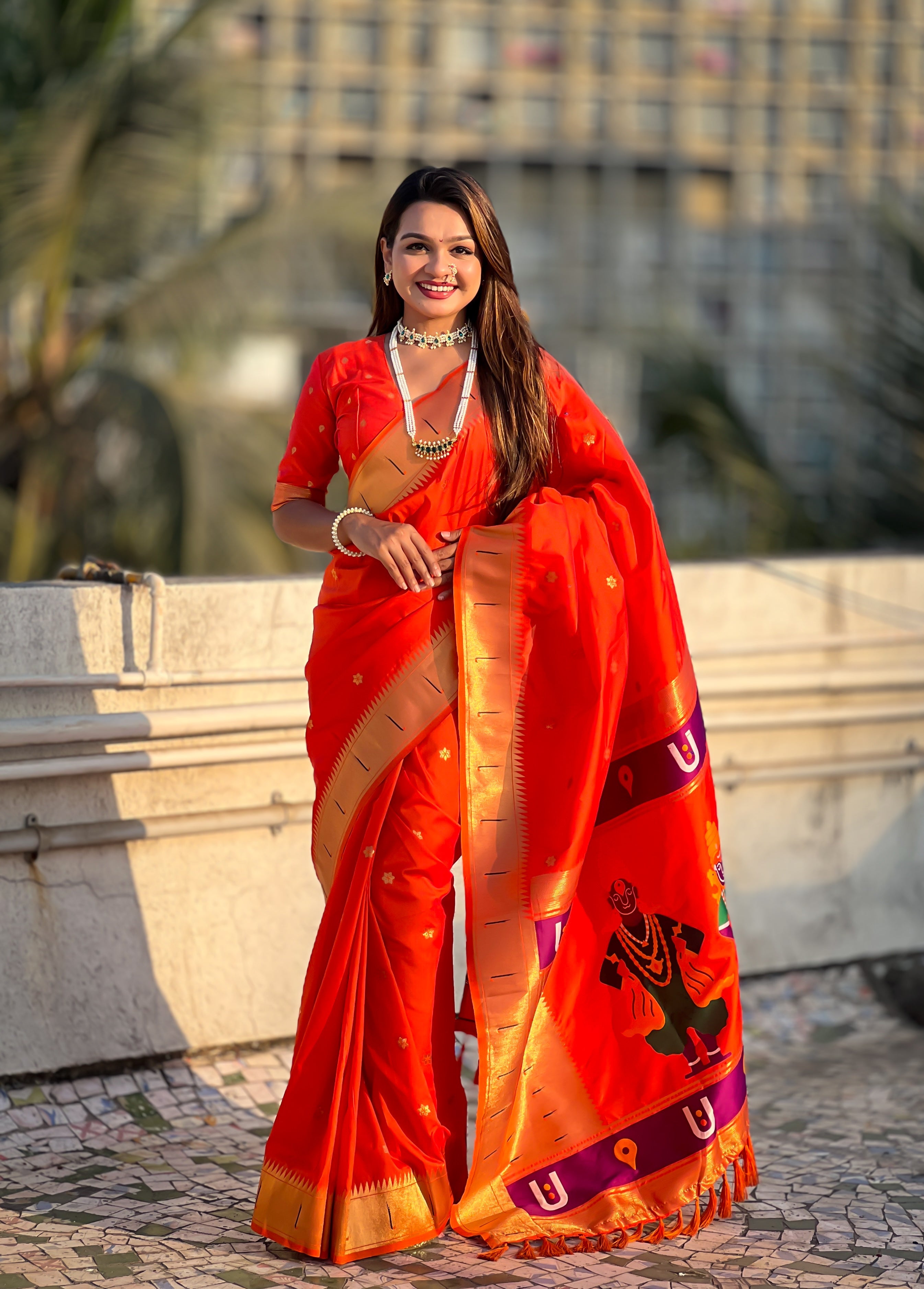 Orange Zari Woven Premium Designer Wedding Gold Paithani Silk Saree