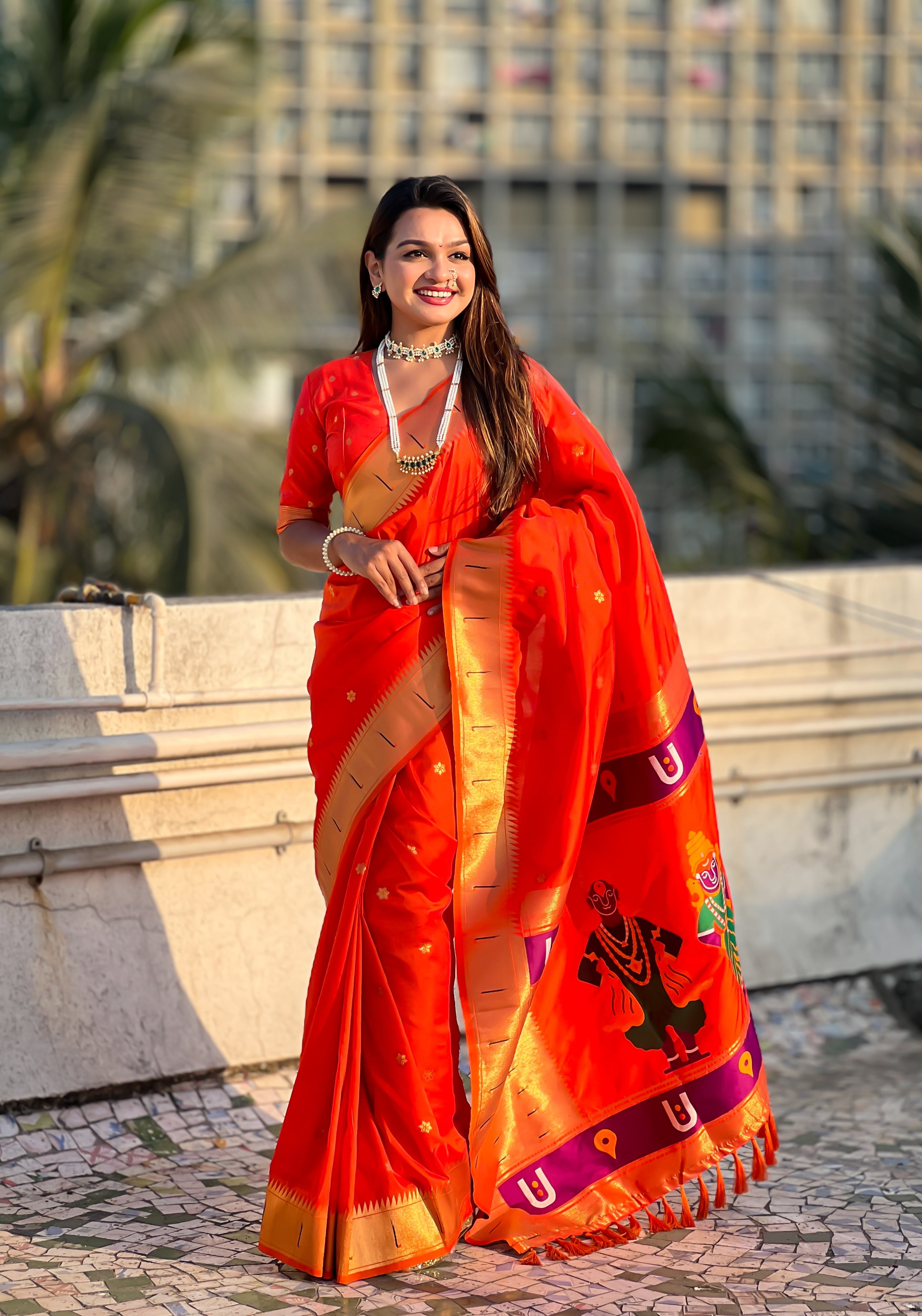 Orange Zari Woven Premium Designer Wedding Gold Paithani Silk Saree