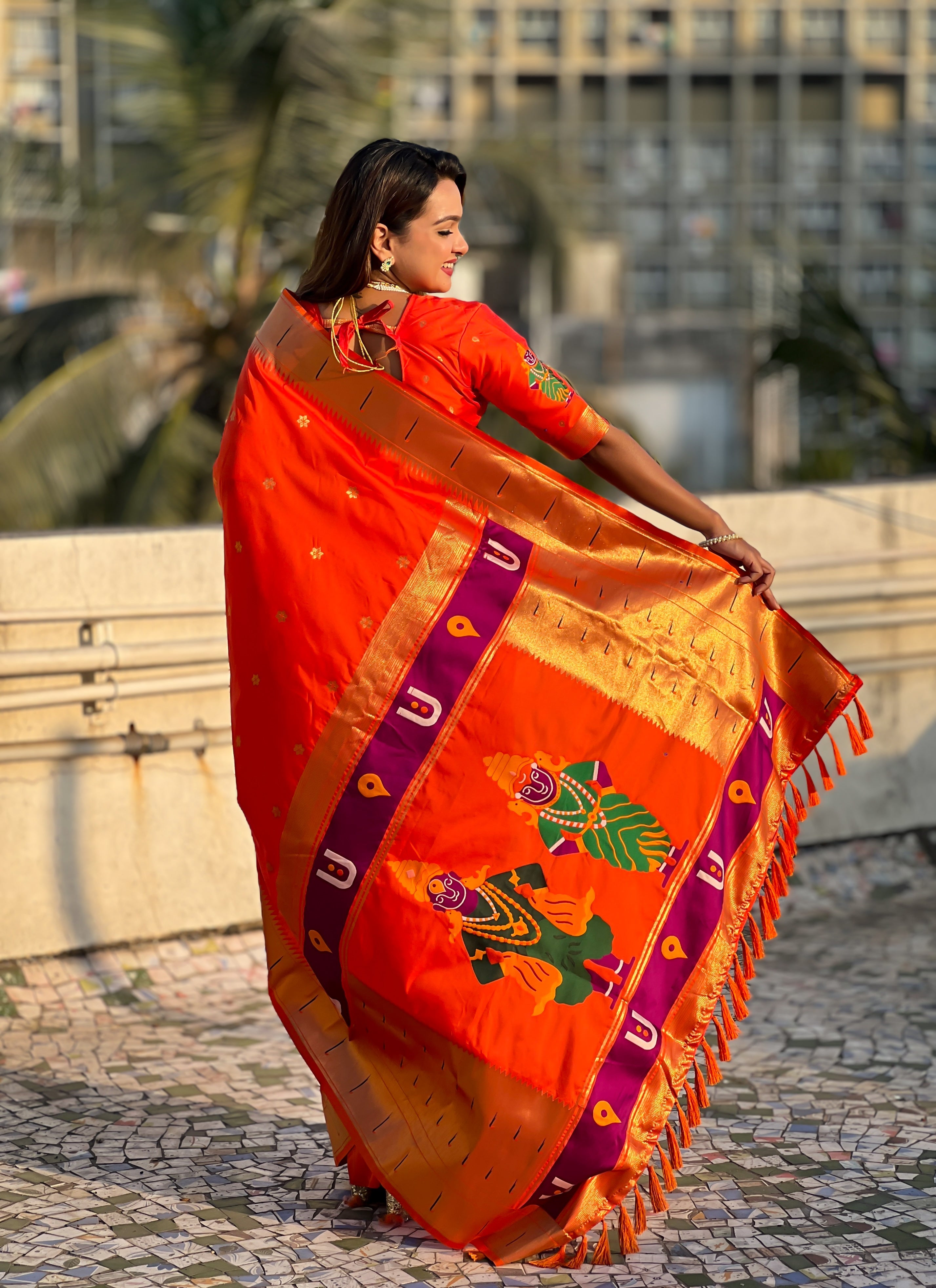 Orange Zari Woven Premium Designer Wedding Gold Paithani Silk Saree