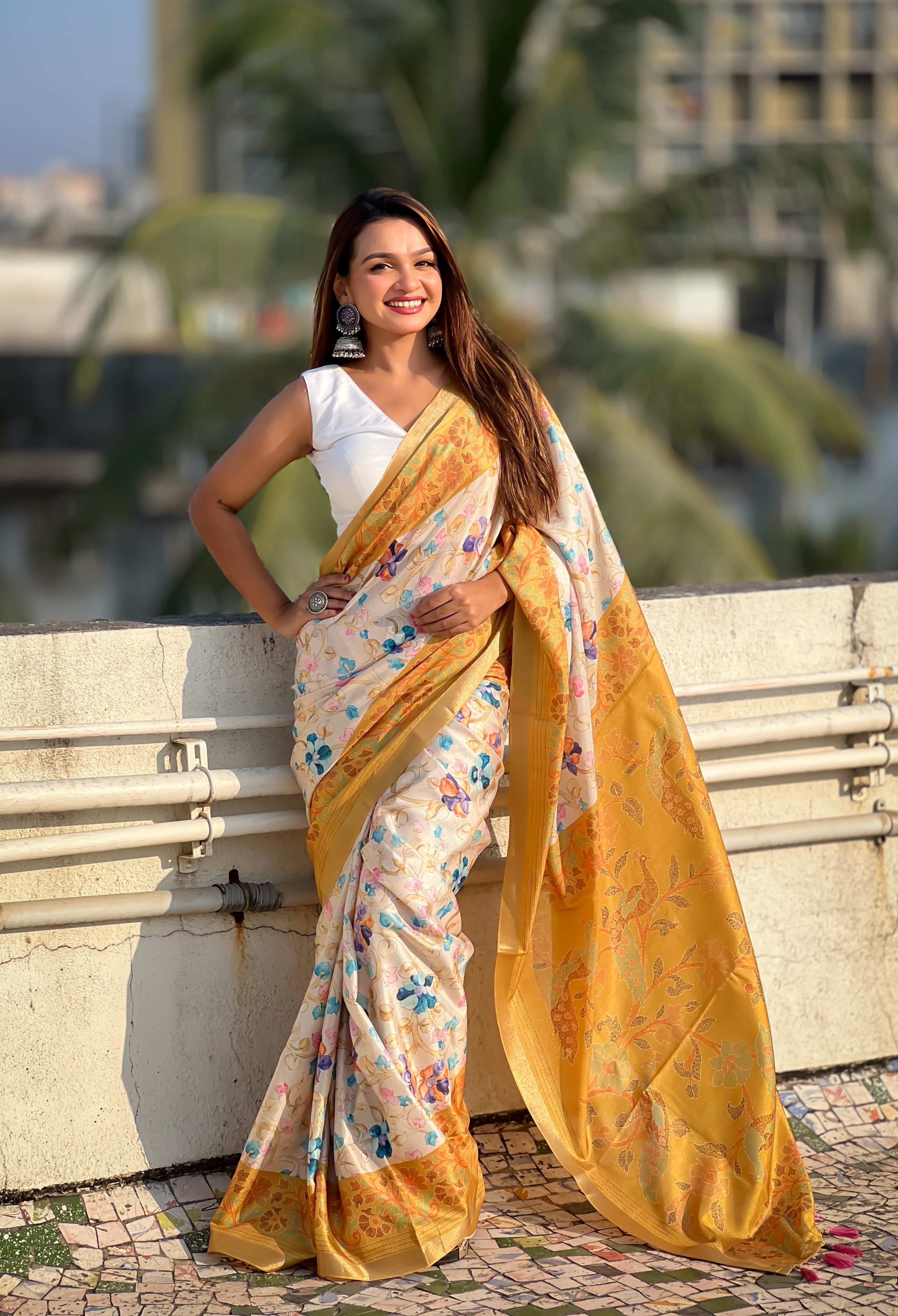 New Designer Tussar Silk Kalamkari Printed Saree with Zari Woven Border