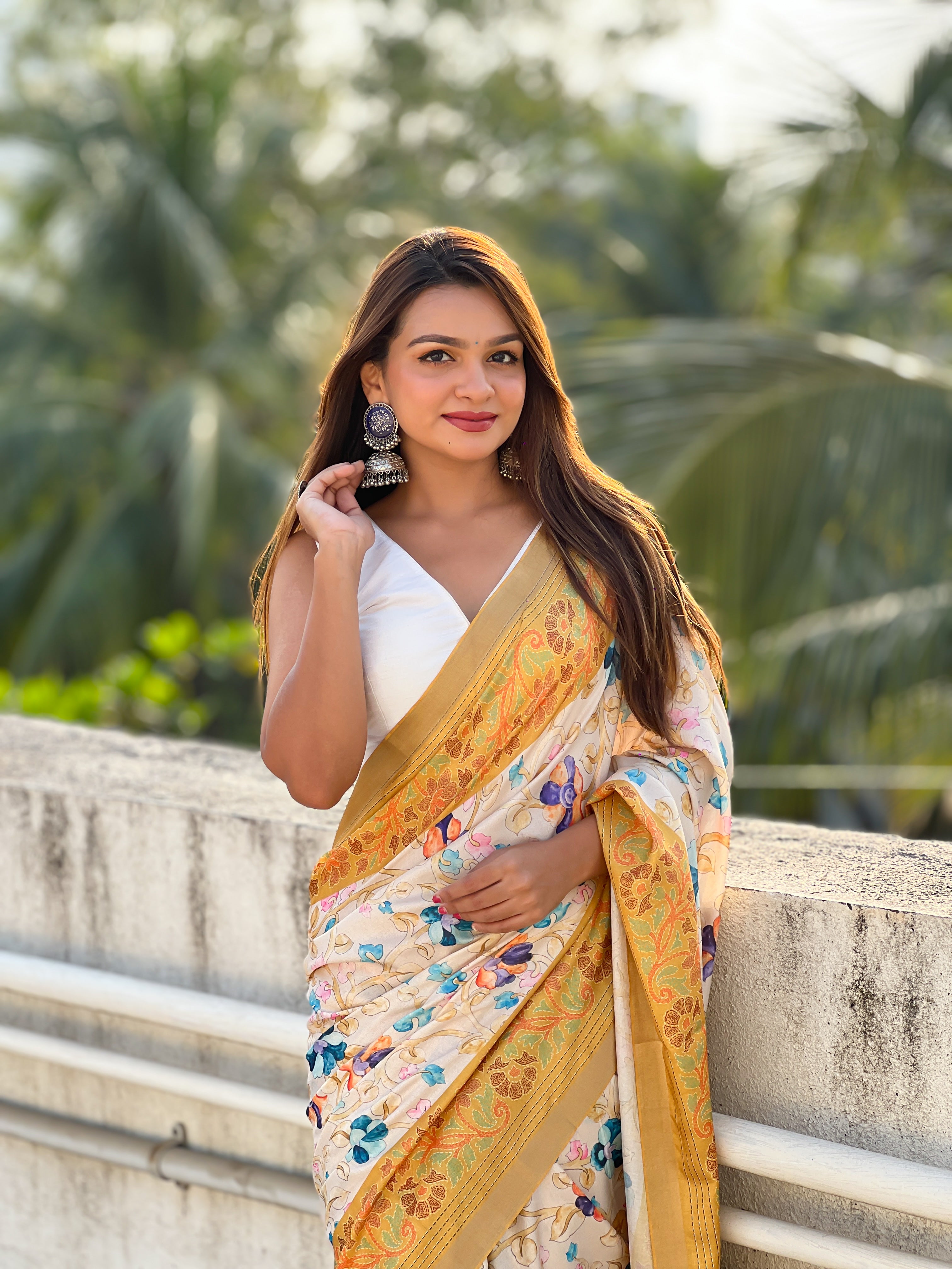 New Designer Tussar Silk Kalamkari Printed Saree with Zari Woven Border