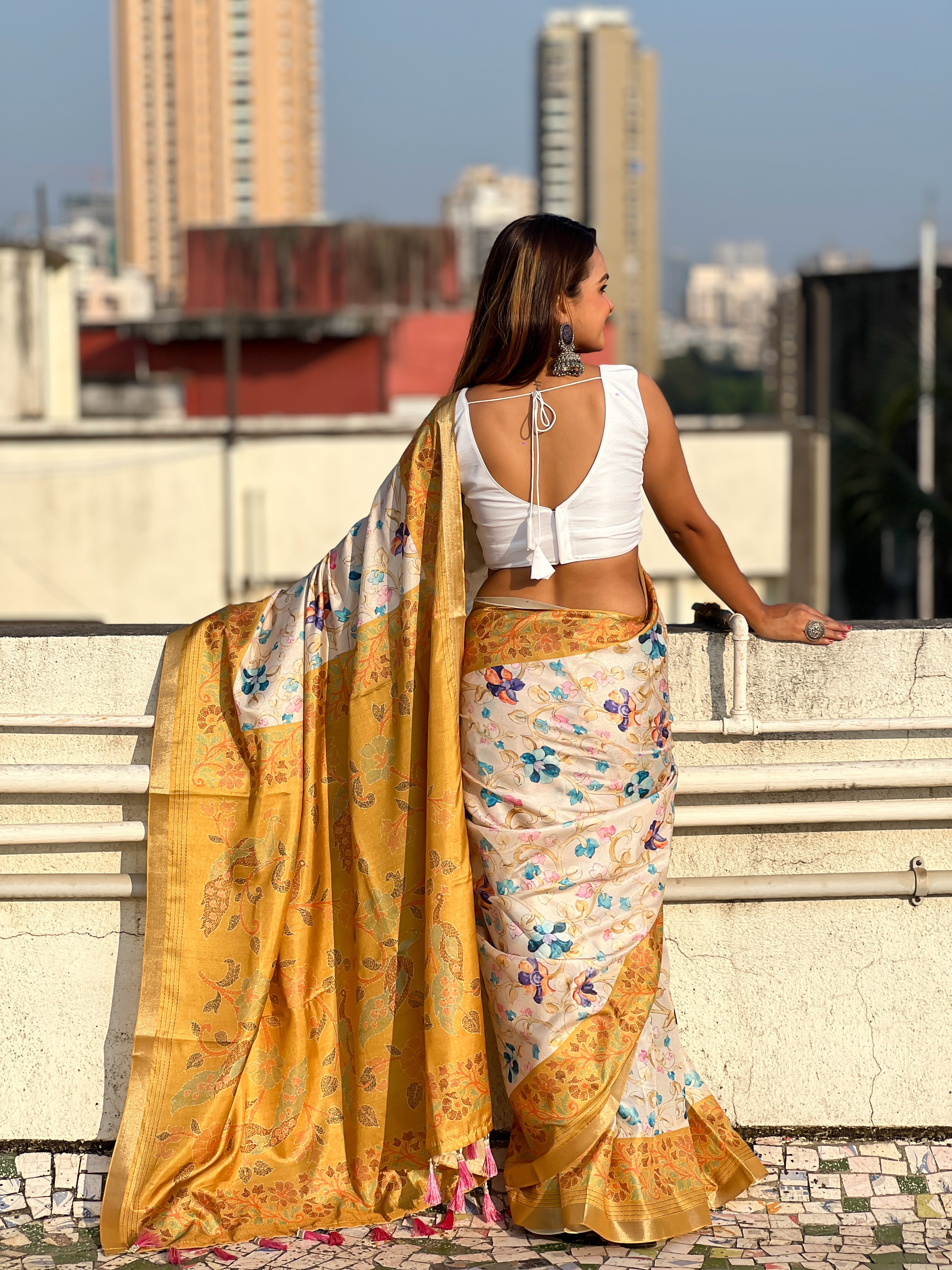 New Designer Tussar Silk Kalamkari Printed Saree with Zari Woven Border