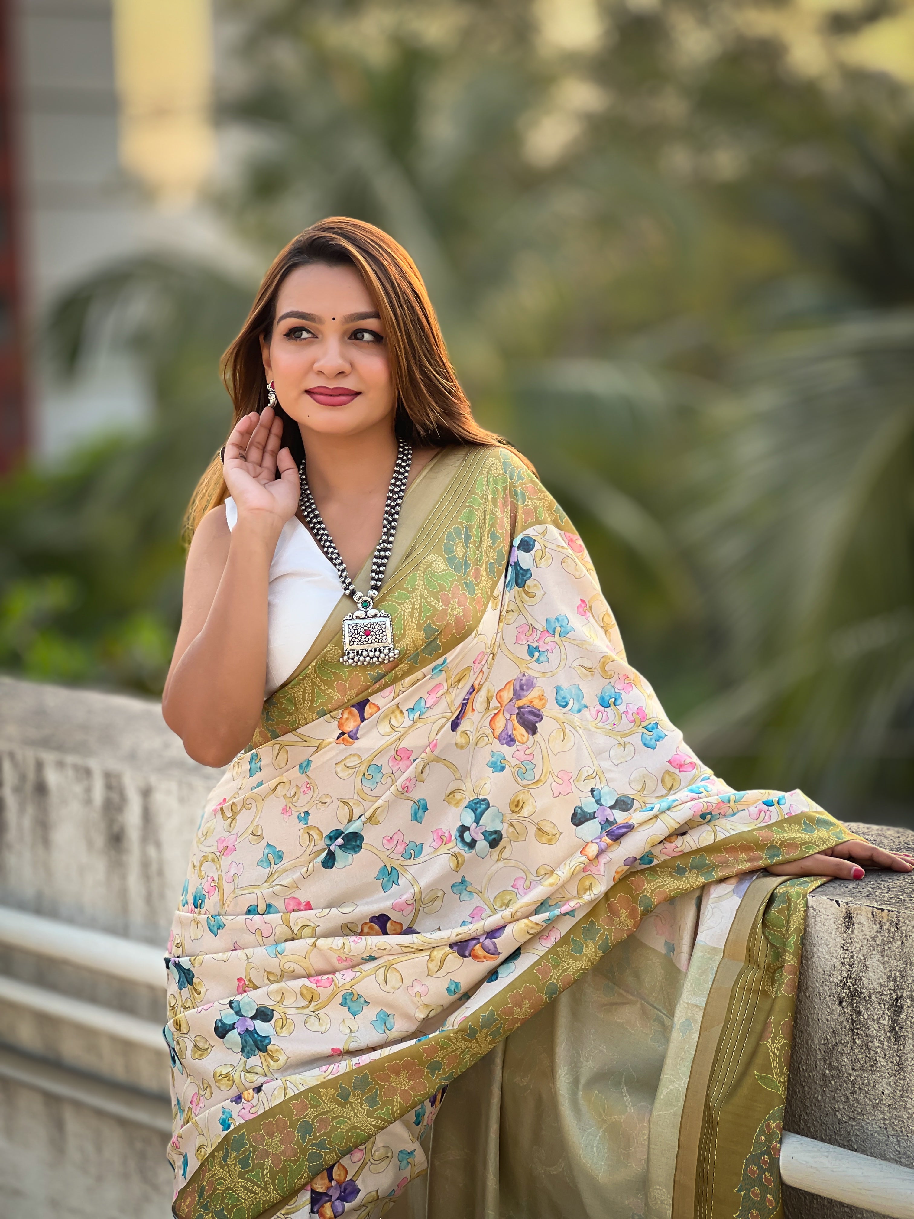 New Designer Tussar Silk Kalamkari Printed Saree with Zari Woven Border