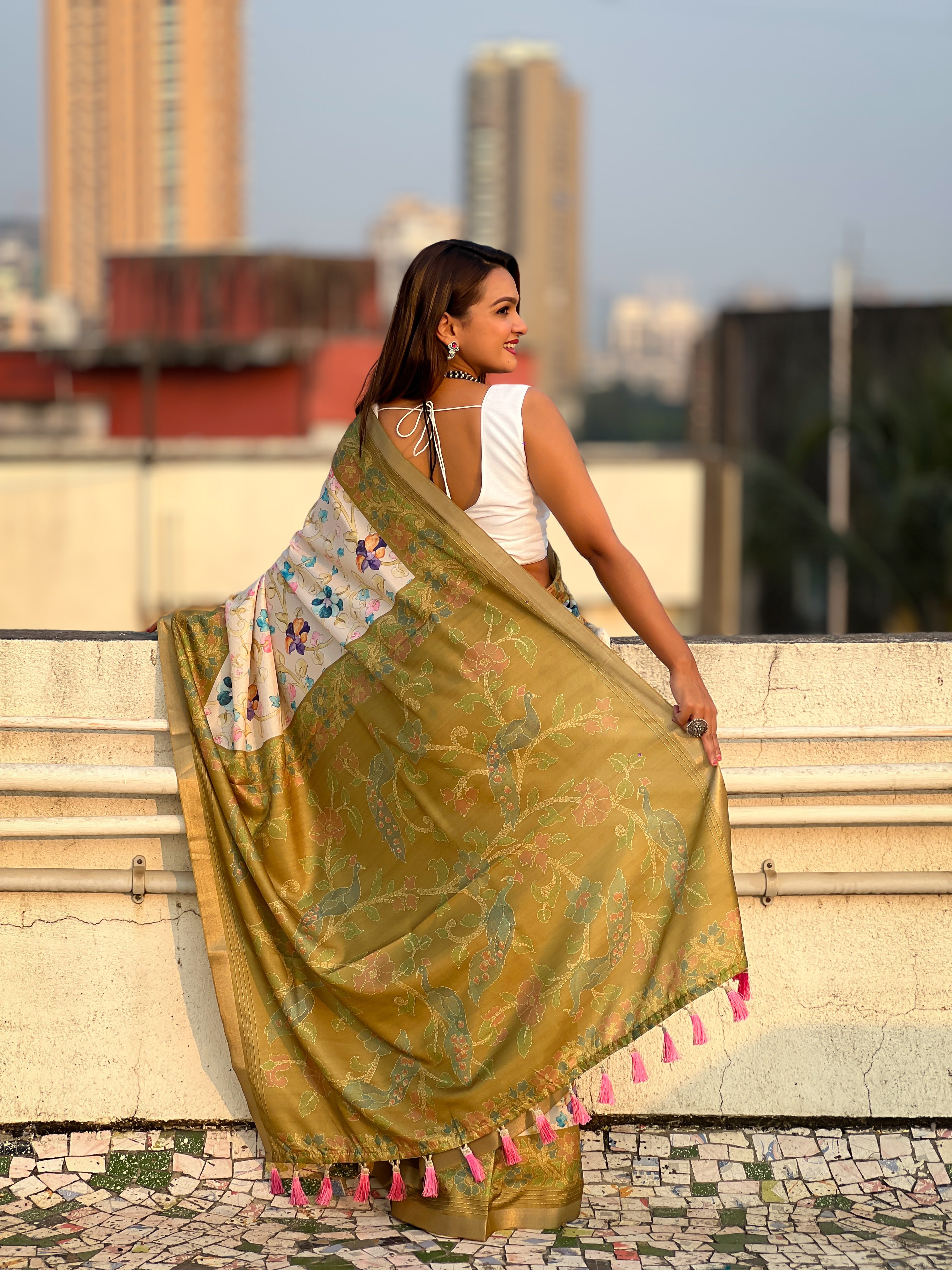 New Designer Tussar Silk Kalamkari Printed Saree with Zari Woven Border