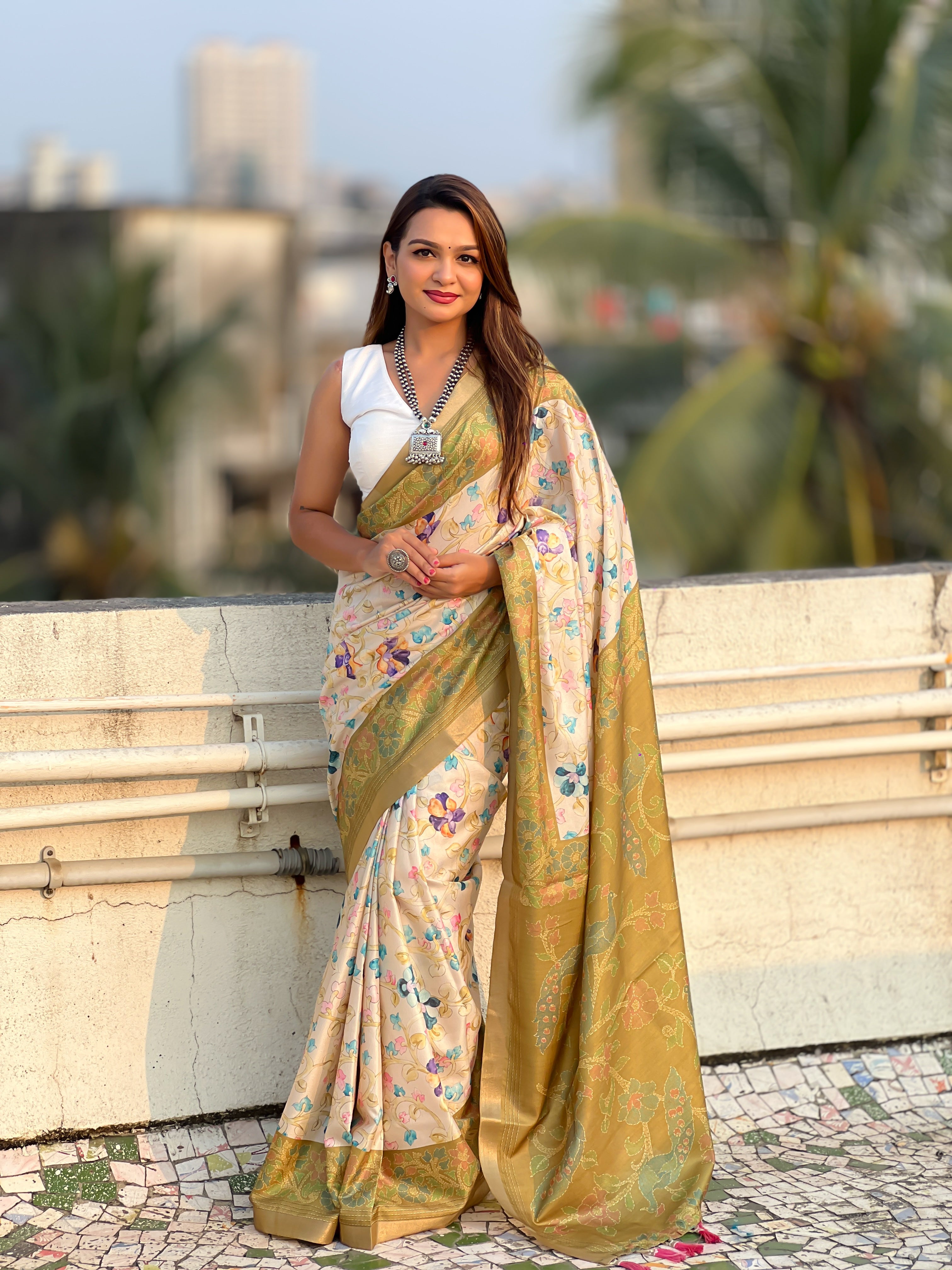 New Designer Tussar Silk Kalamkari Printed Saree with Zari Woven Border