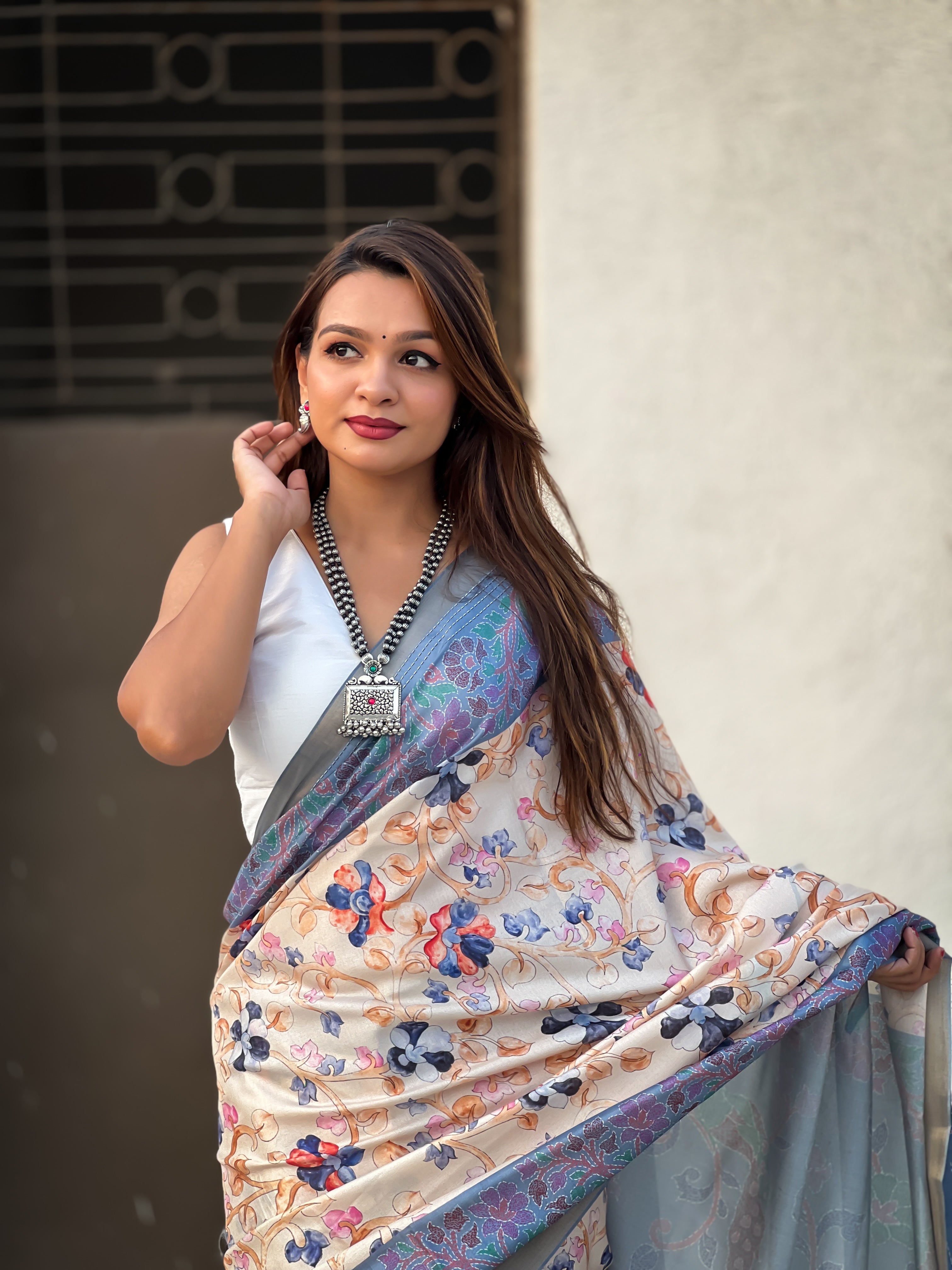 New Designer Tussar Silk Kalamkari Printed Saree with Zari Woven Border
