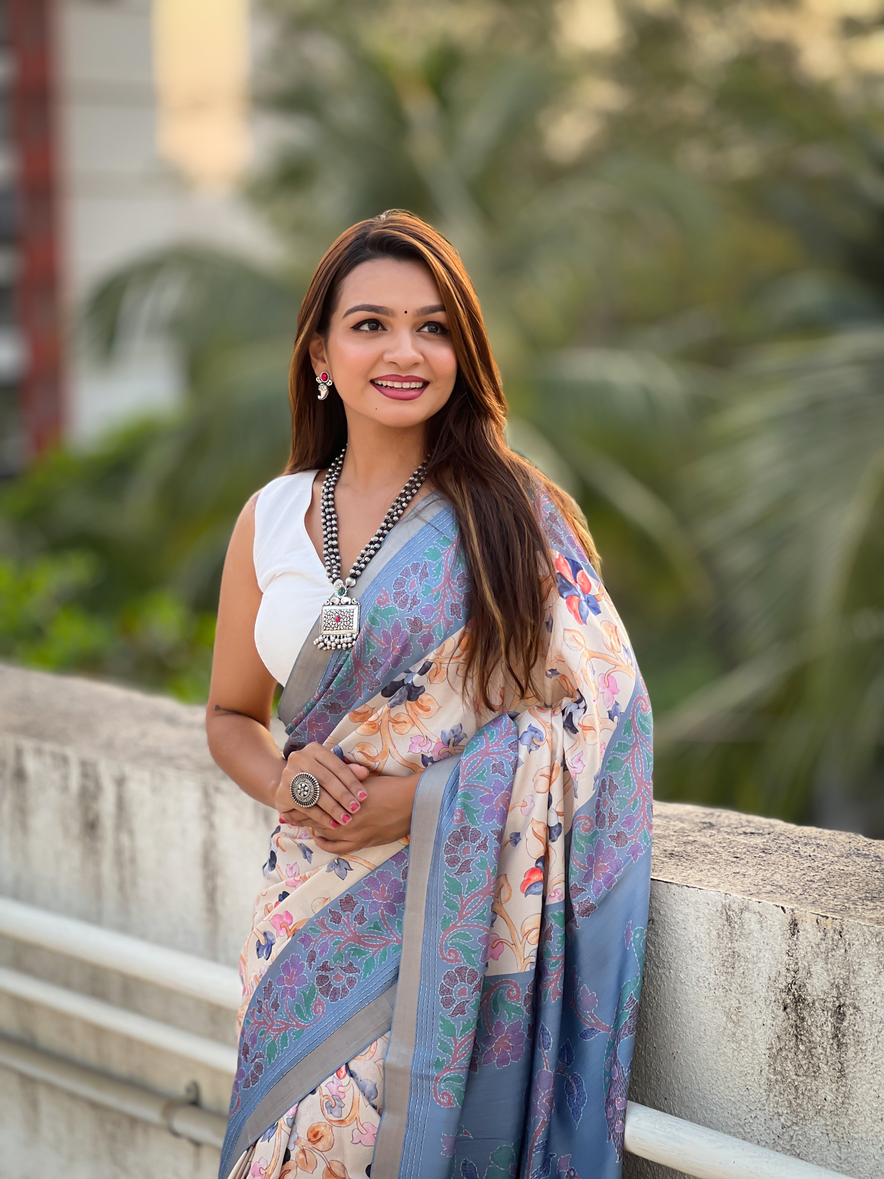 New Designer Tussar Silk Kalamkari Printed Saree with Zari Woven Border