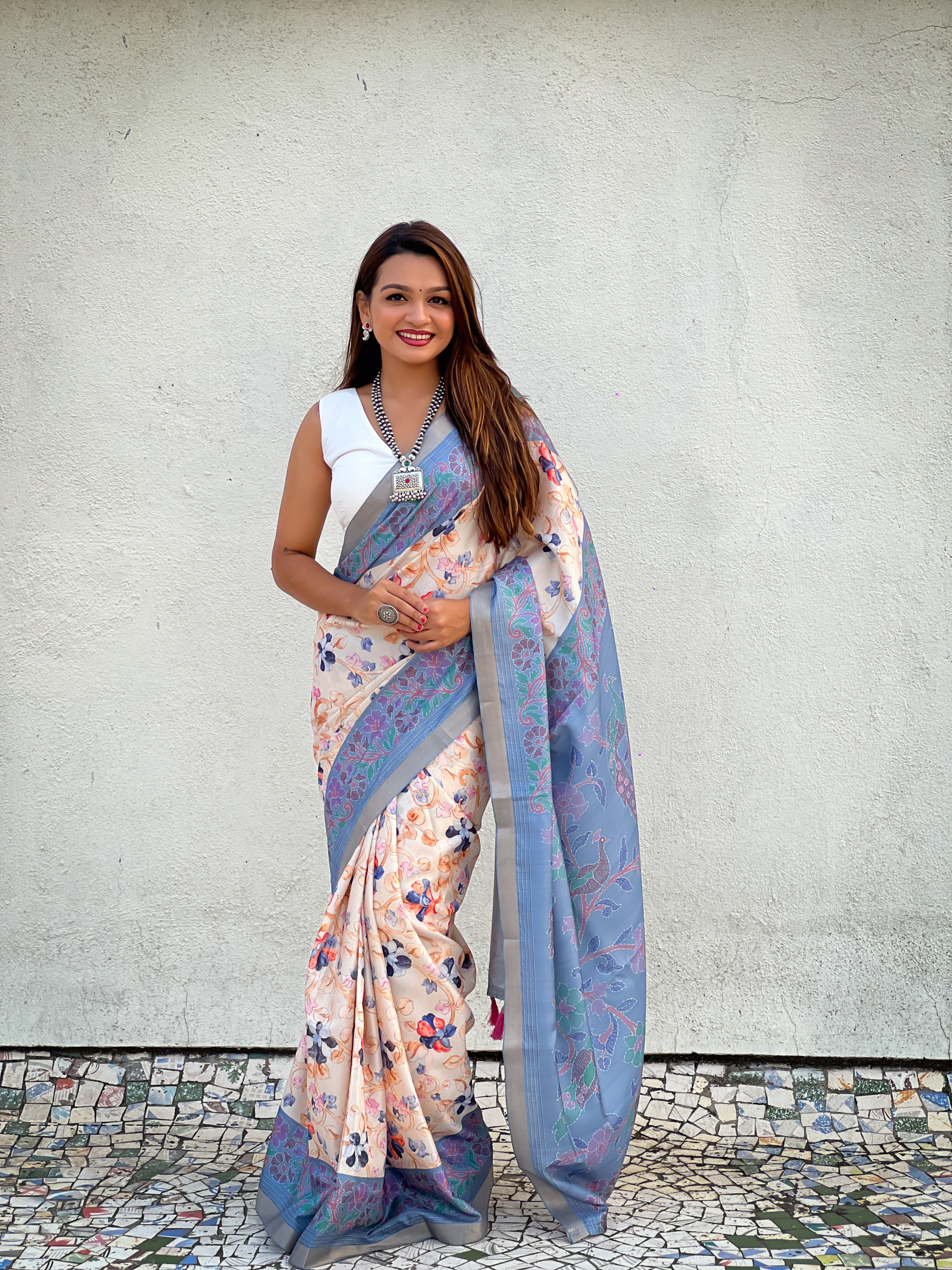 New Designer Tussar Silk Kalamkari Printed Saree with Zari Woven Border
