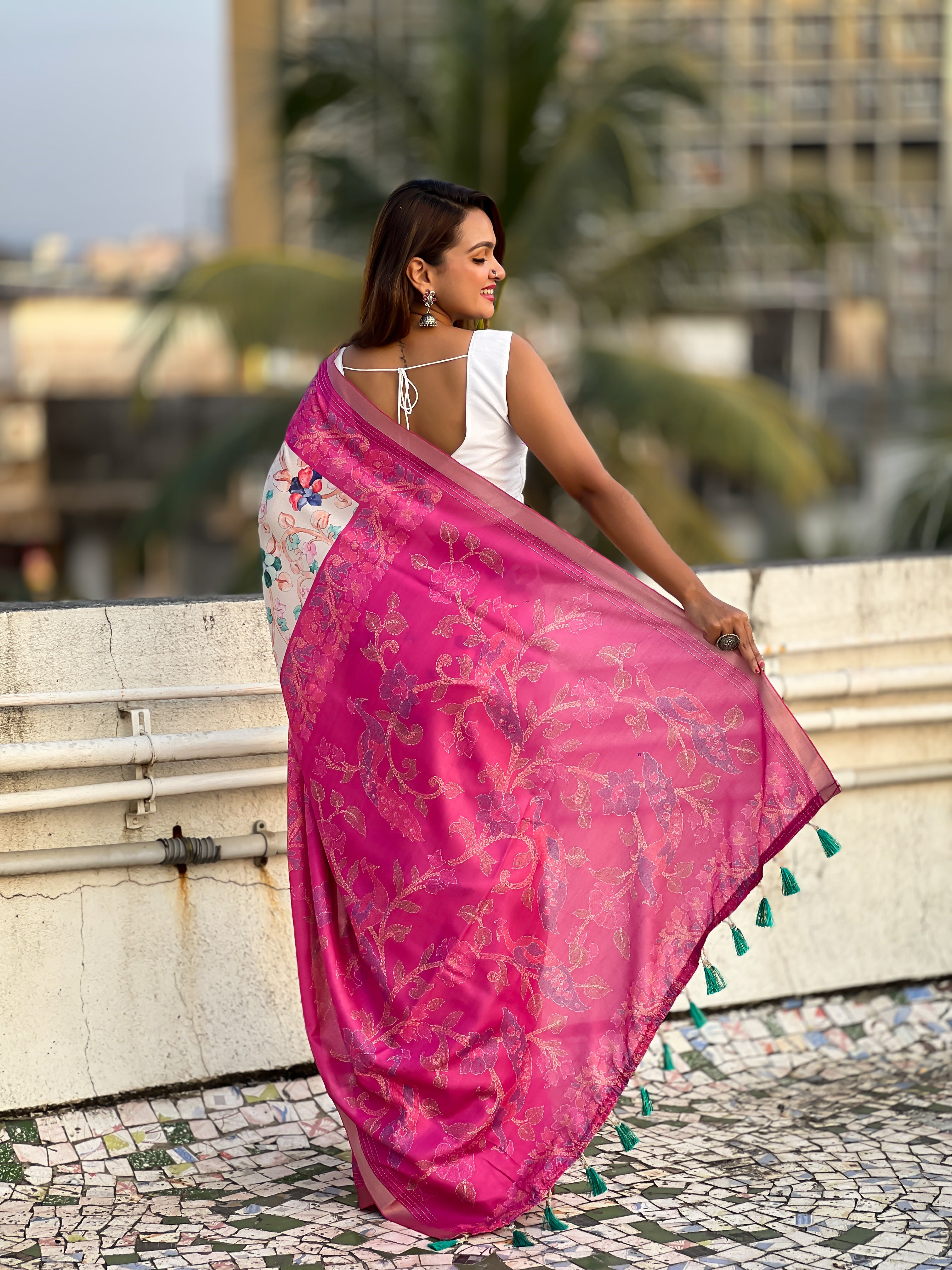 New Designer Tussar Silk Kalamkari Printed Saree with Zari Woven Border