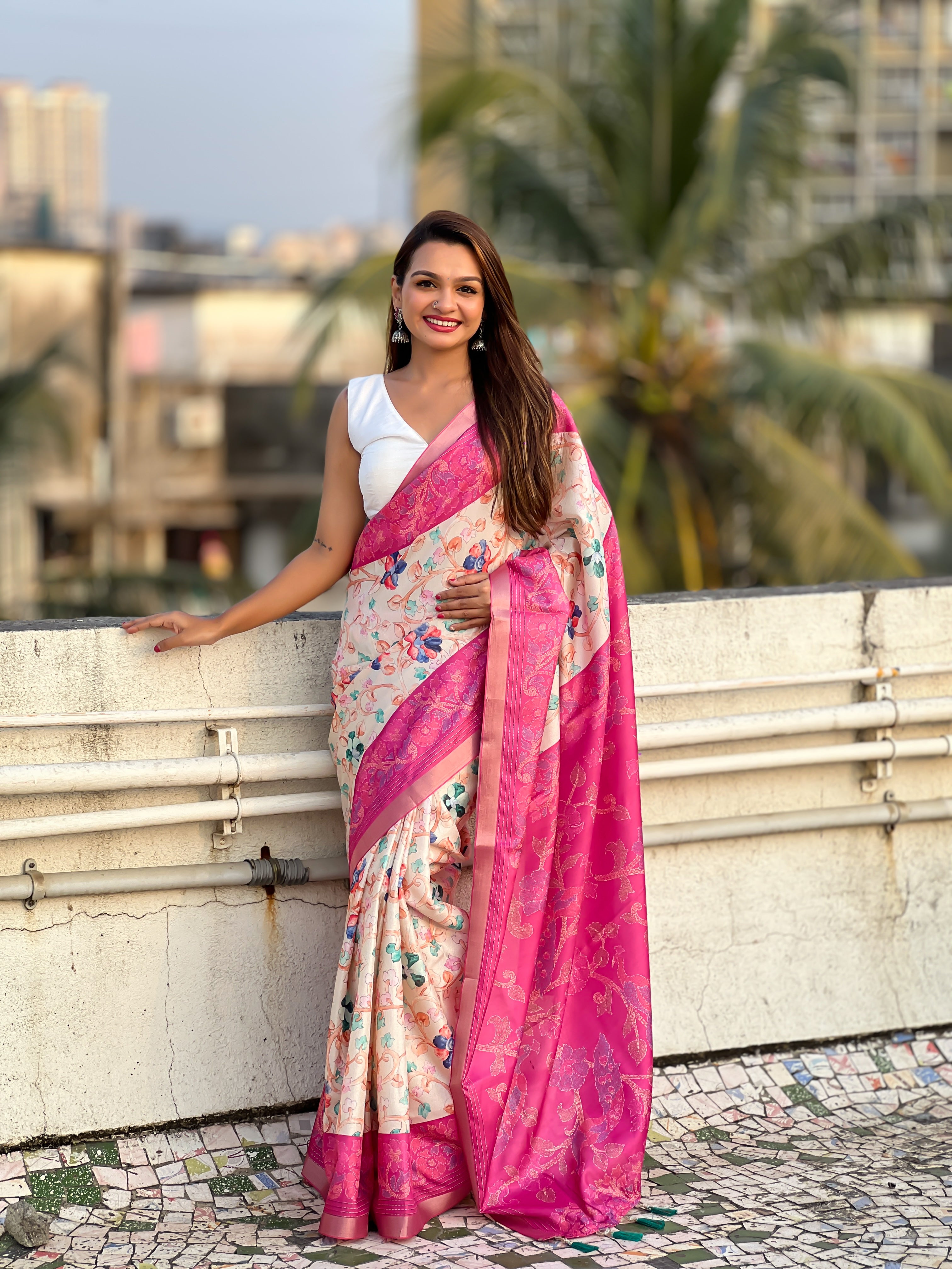 New Designer Tussar Silk Kalamkari Printed Saree with Zari Woven Border