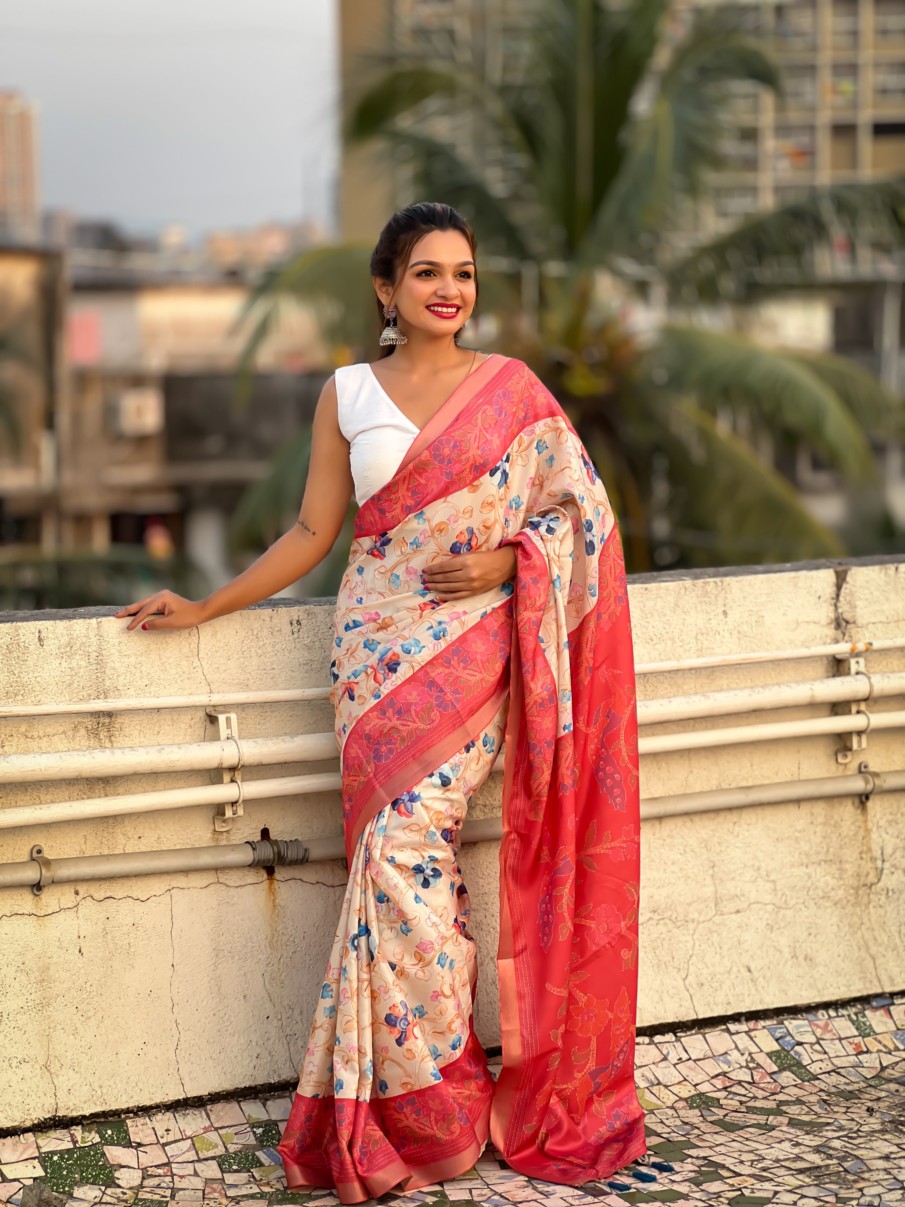 New Designer Tussar Silk Kalamkari Printed Saree with Zari Woven Border