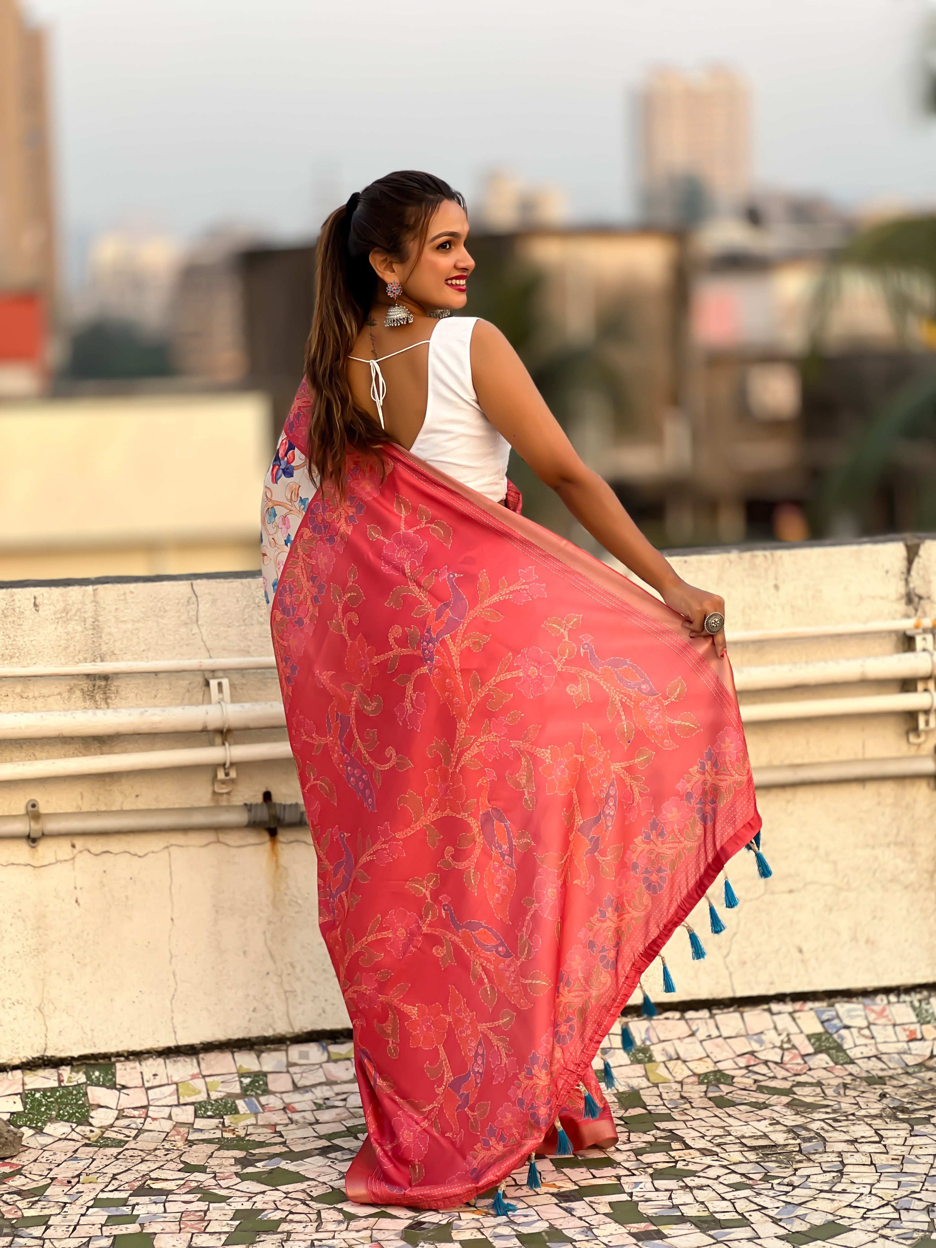 New Designer Tussar Silk Kalamkari Printed Saree with Zari Woven Border